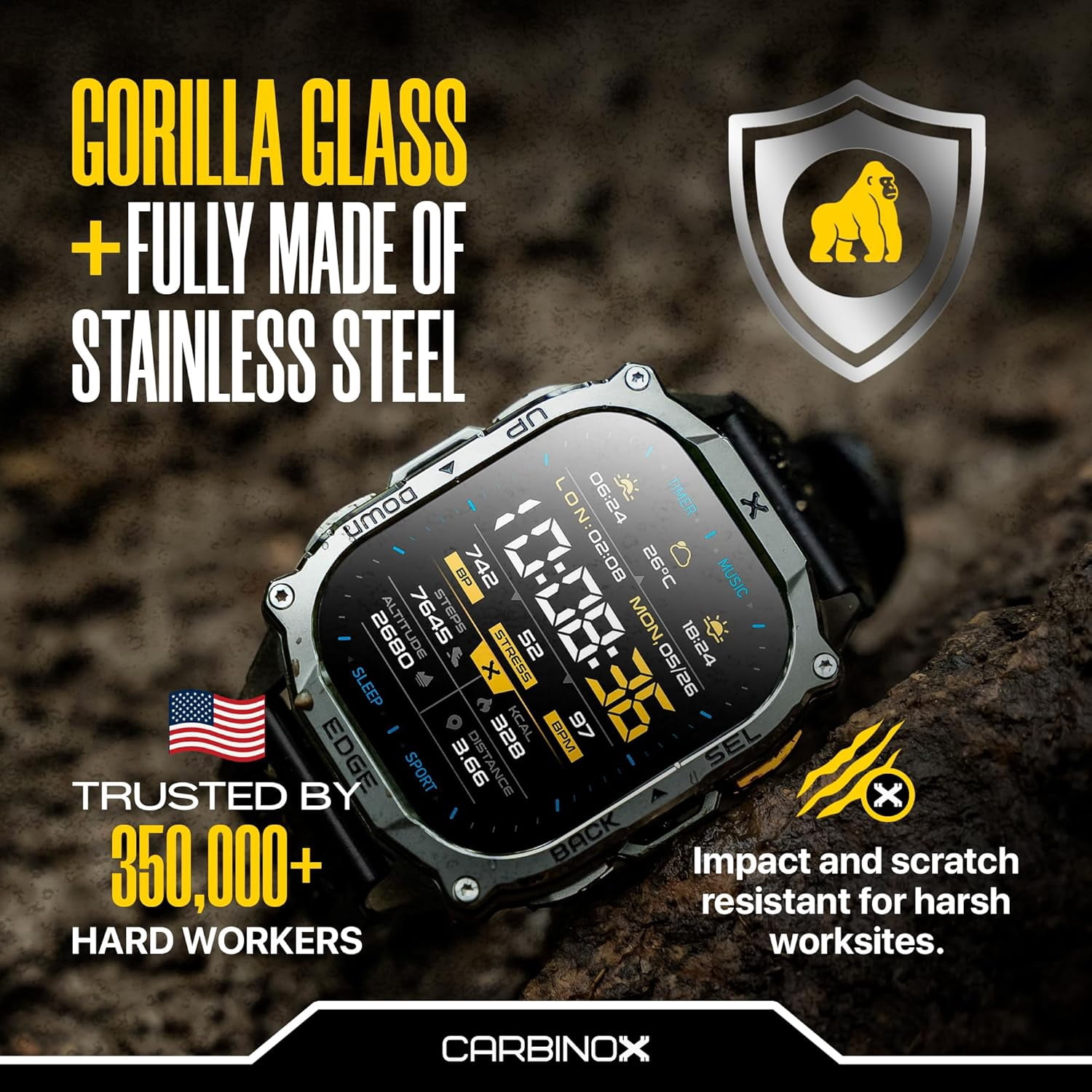 Carbinox Edge Smart Watch Rugged, 1.96″ AMOLED, Stainless Steel, IP69K/5ATM Fitness trackers, Dual-Band GNSS, 500mAh, Bluetooth Calls, Smart Watch for Android Phones iOS (Black) - Image 5