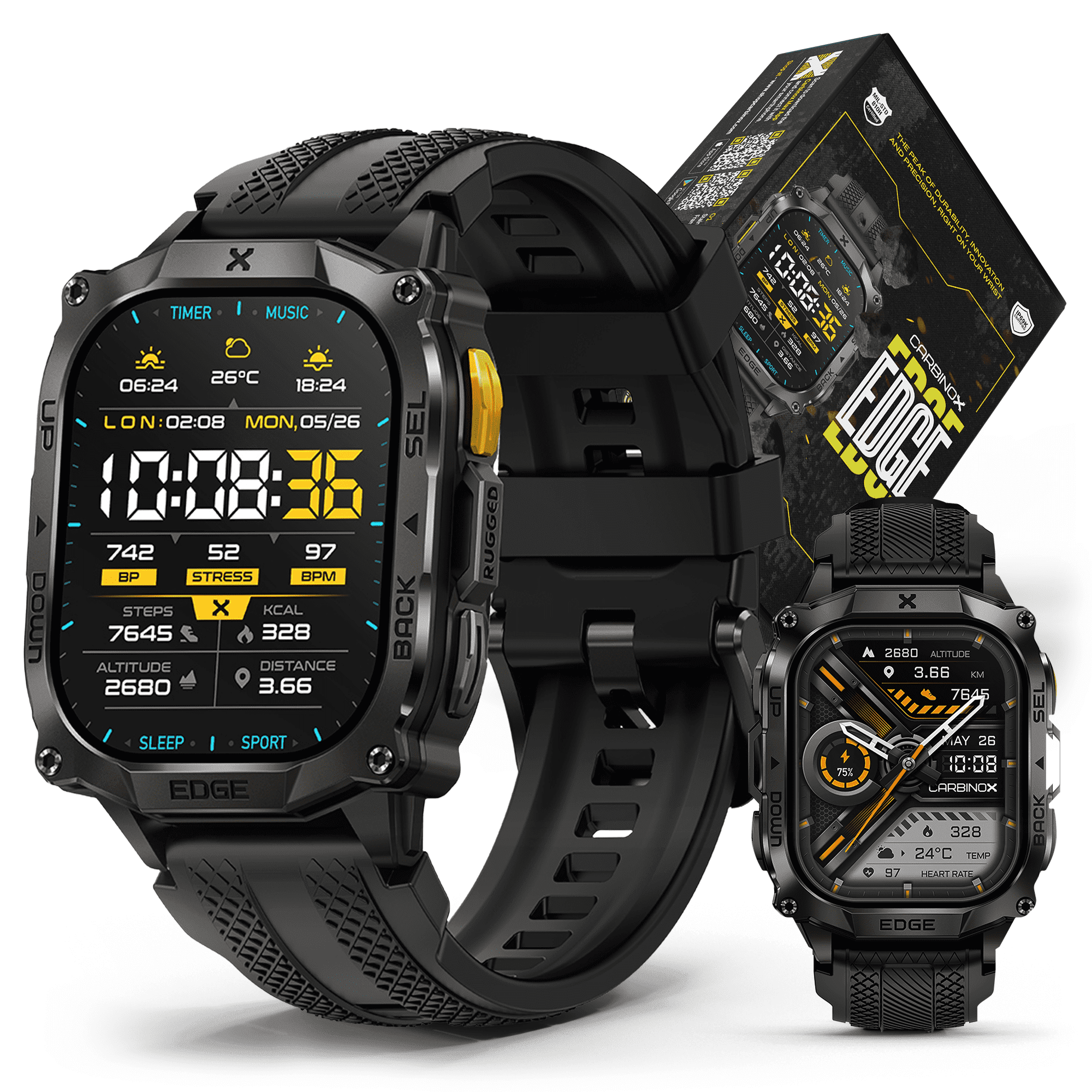 Carbinox Edge Smart Watch Rugged, 1.96″ AMOLED, Stainless Steel, IP69K/5ATM Fitness trackers, Dual-Band GNSS, 500mAh, Bluetooth Calls, Smart Watch for Android Phones iOS (Black)