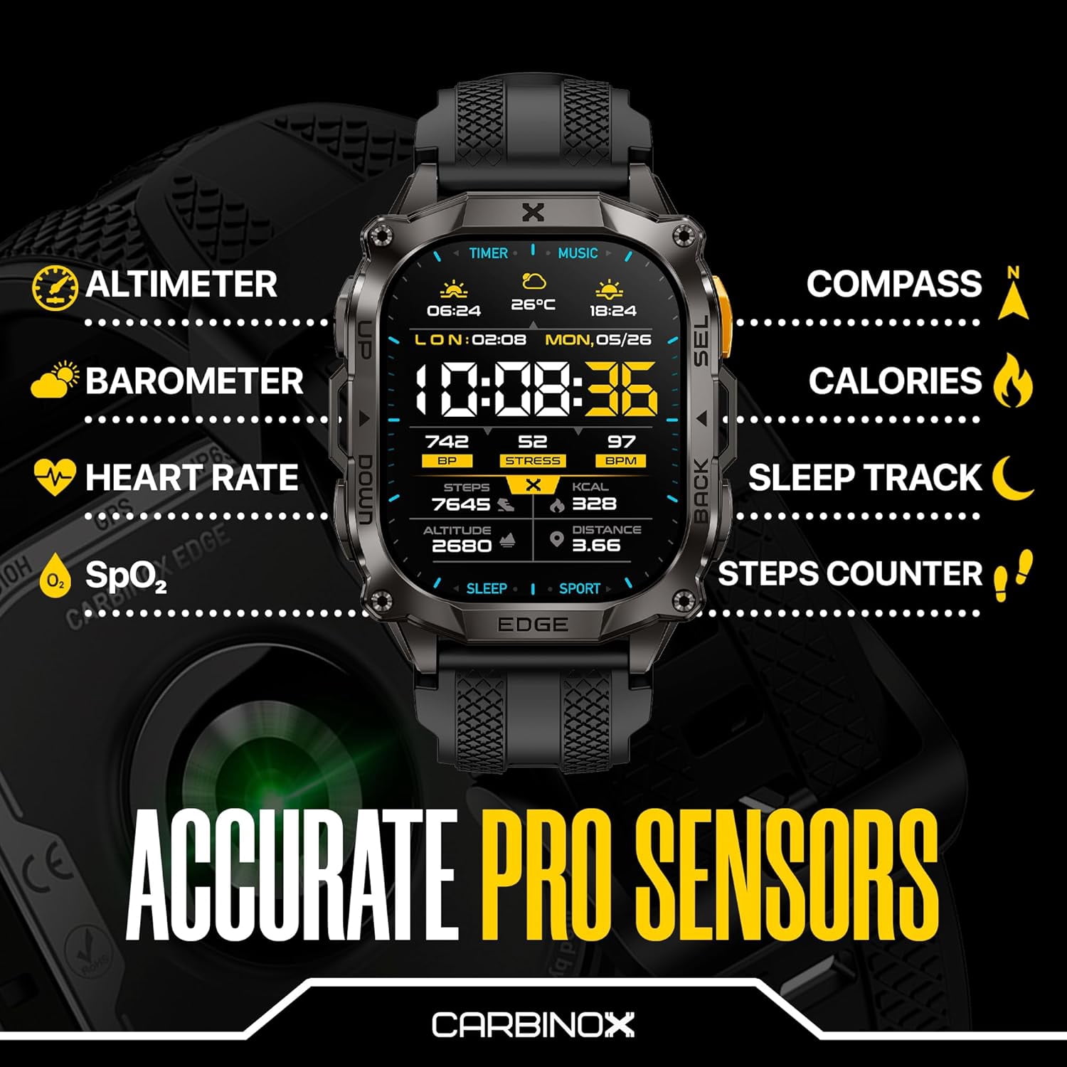 Carbinox Edge Smart Watch Rugged, 1.96″ AMOLED, Stainless Steel, IP69K/5ATM Fitness trackers, Dual-Band GNSS, 500mAh, Bluetooth Calls, Smart Watch for Android Phones iOS (Black) - Image 2