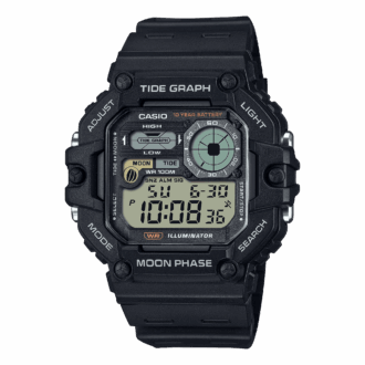 Casio Mens Digital Wristwatch Tide/Moon Graph Display Fishing Timer 10-Yr Battery 100M Wr Led Backlight Stopwatch Risin Black