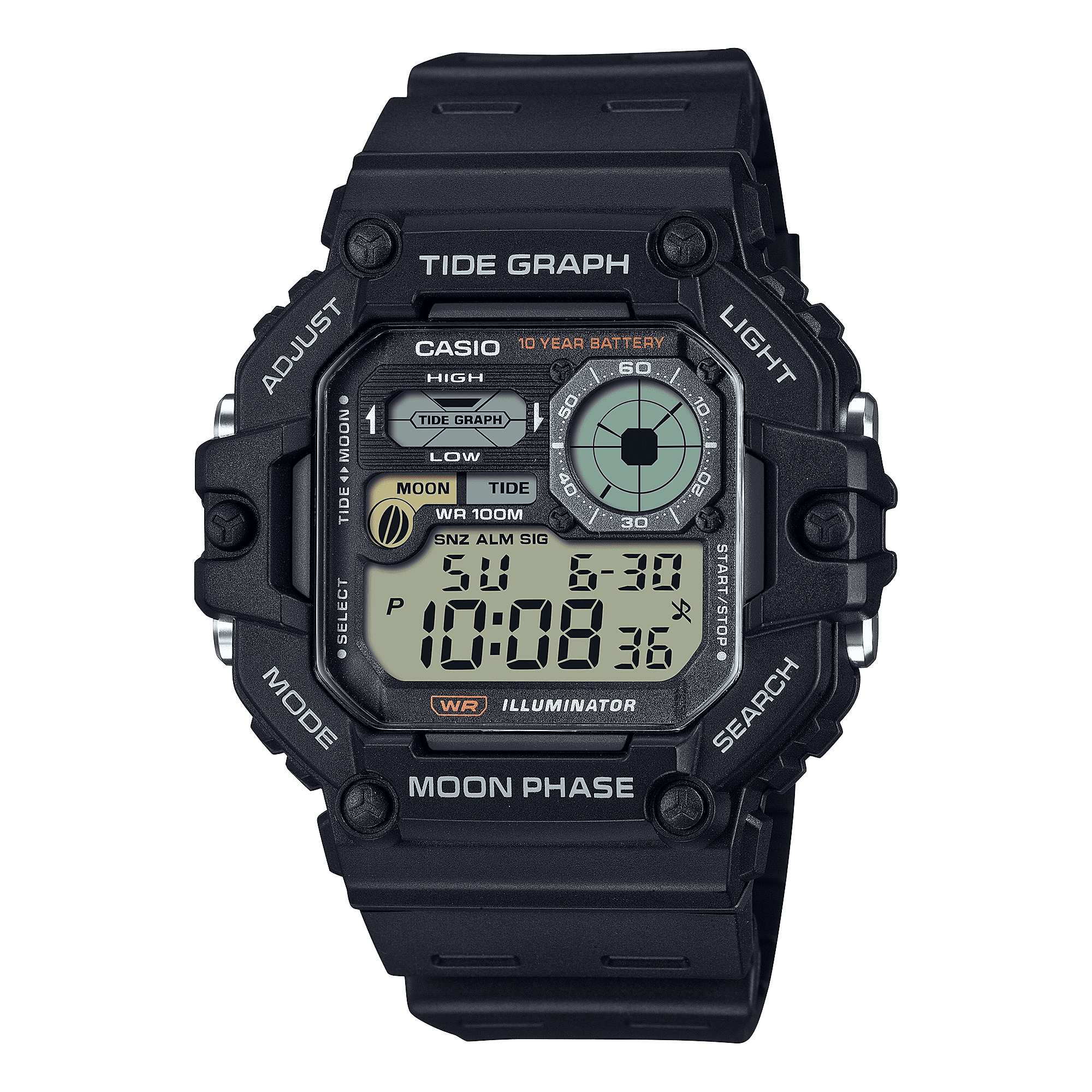 Casio Mens Digital Wristwatch Tide/Moon Graph Display Fishing Timer 10-Yr Battery 100M Wr Led Backlight Stopwatch Risin Black