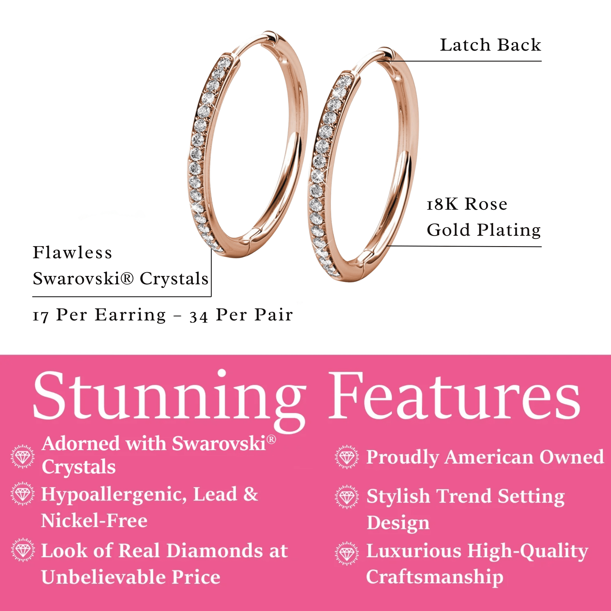 Cate & Chloe Bianca 18k Rose Gold Plated 25mm Hoop Earrings with Swarovski Crystals for Women - Image 5