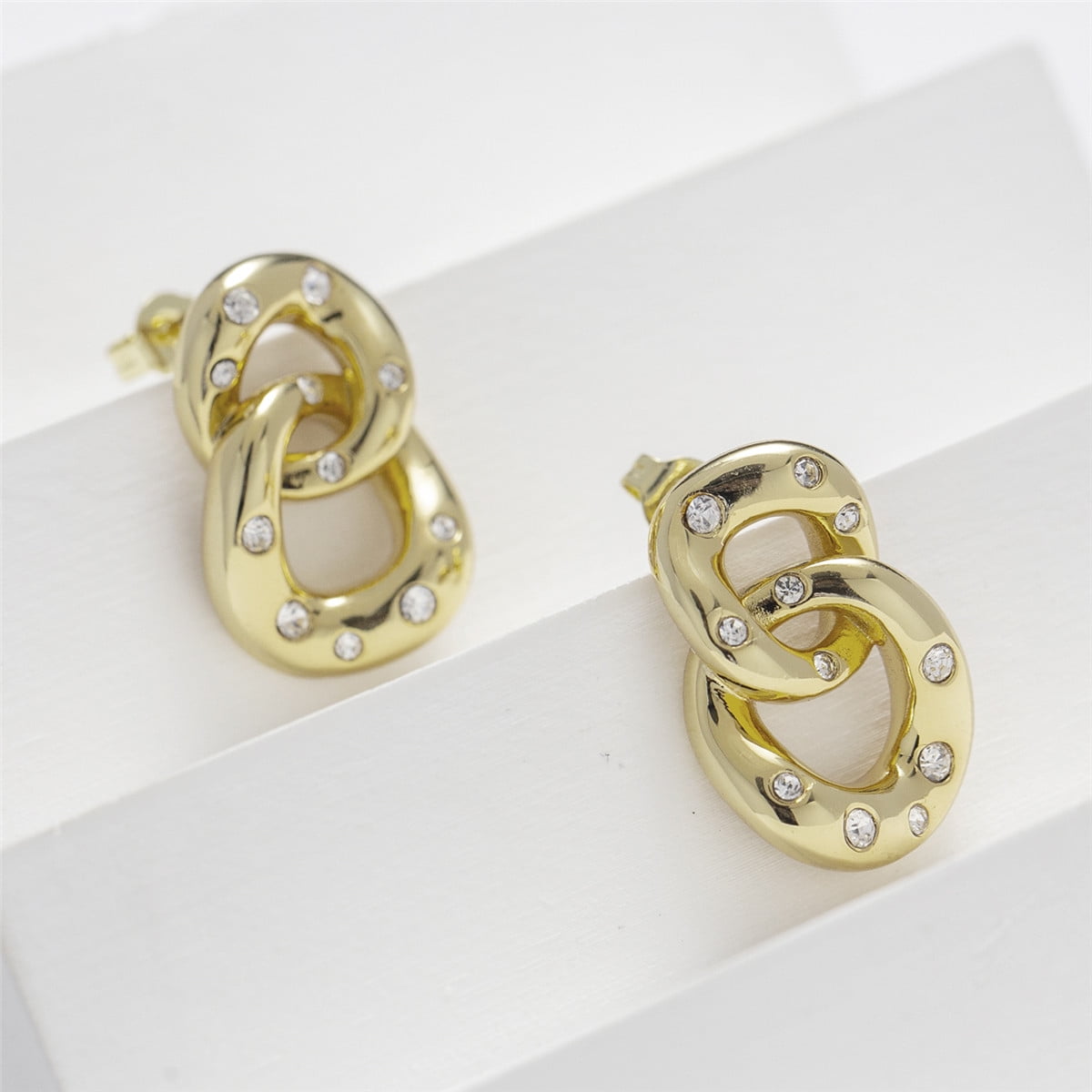 Cate & Chloe Bonnie 18k Yellow Gold Plated Women's Double Link Chain Earrings, Swarovski Crystals - Image 4