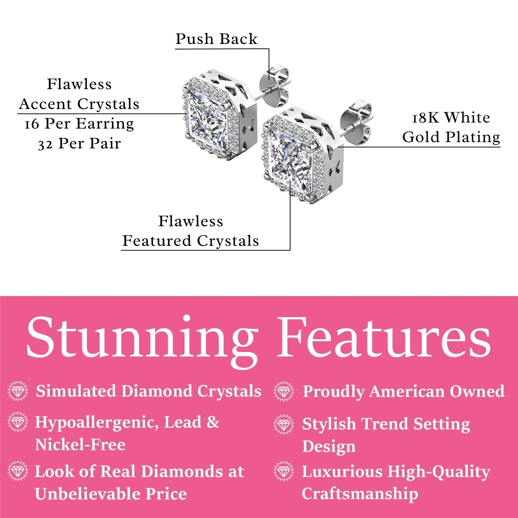 Cate & Chloe Estelle 18k White Gold Plated Halo Stud Earrings with Simulated Diamonds for Women - Image 4