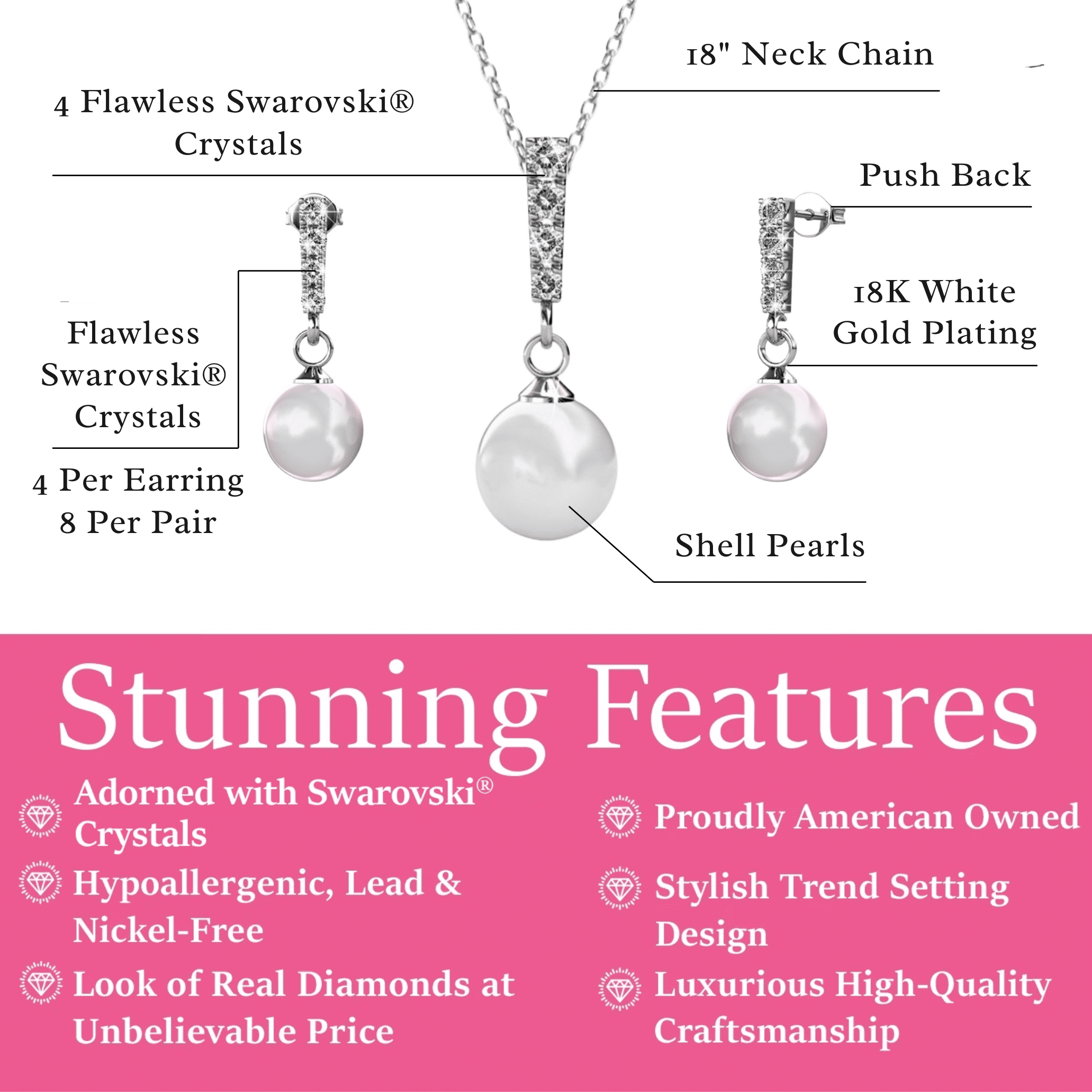 Cate & Chloe Gabrielle 18k White Gold Plated Shell Pearl Jewelry Set with Swarovski Crystals for Women - Image 3