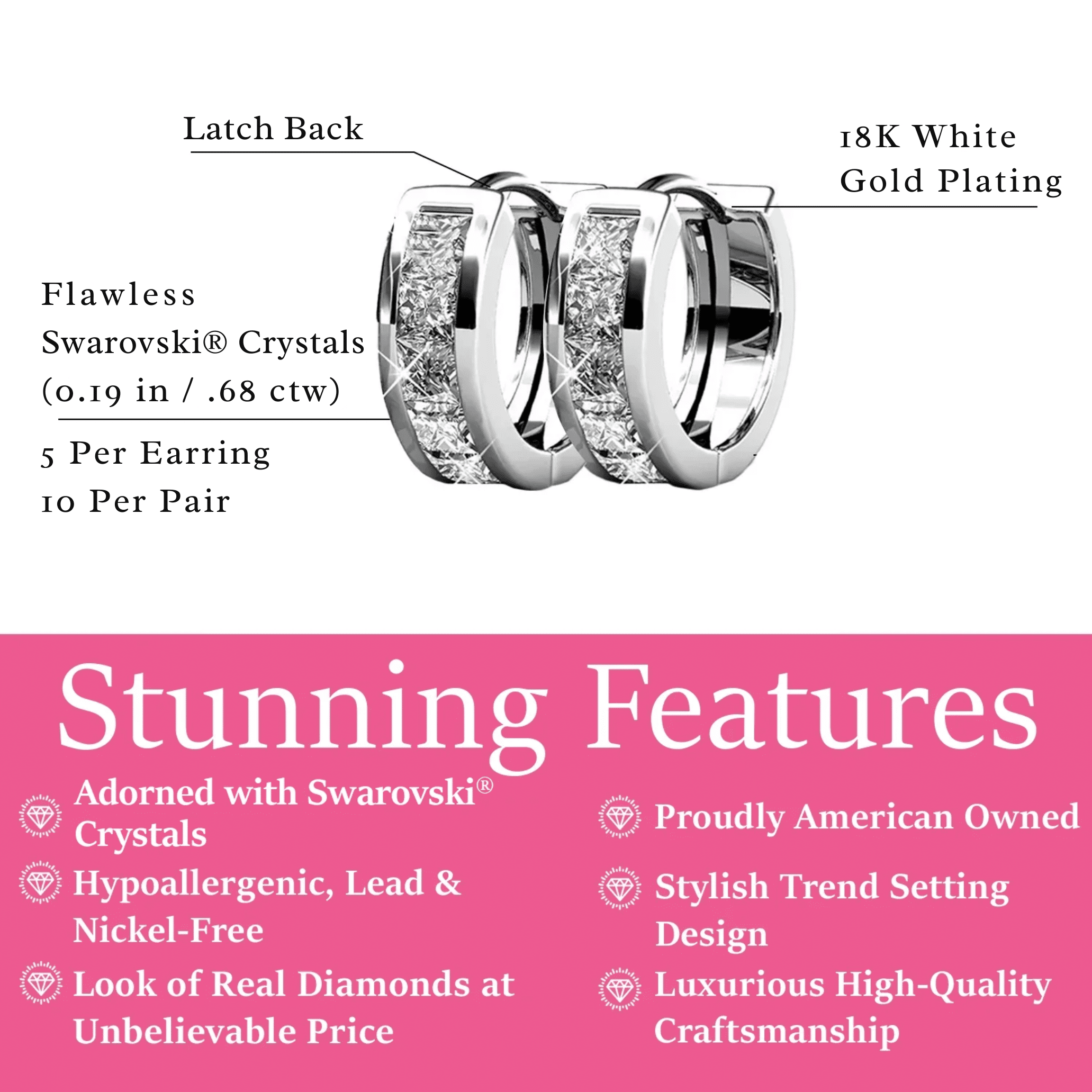 Cate & Chloe Giselle 18k White Gold Plated 15mm Hoop Earrings with Swarovski Crystals for Women - Image 2