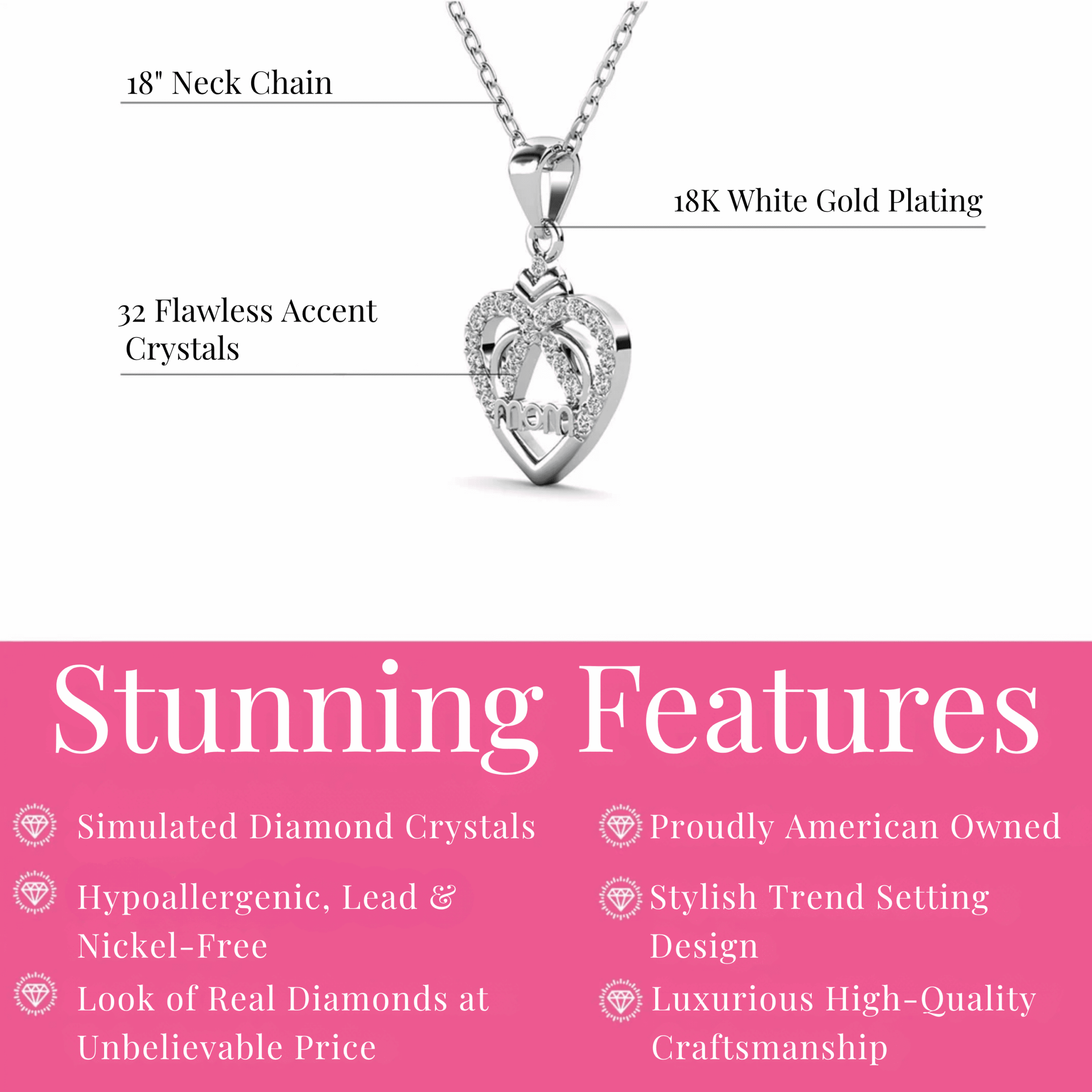 Cate & Chloe Jenna 18k White Gold Plated Mom Heart Necklace with Simulated Diamonds for Women - Image 4