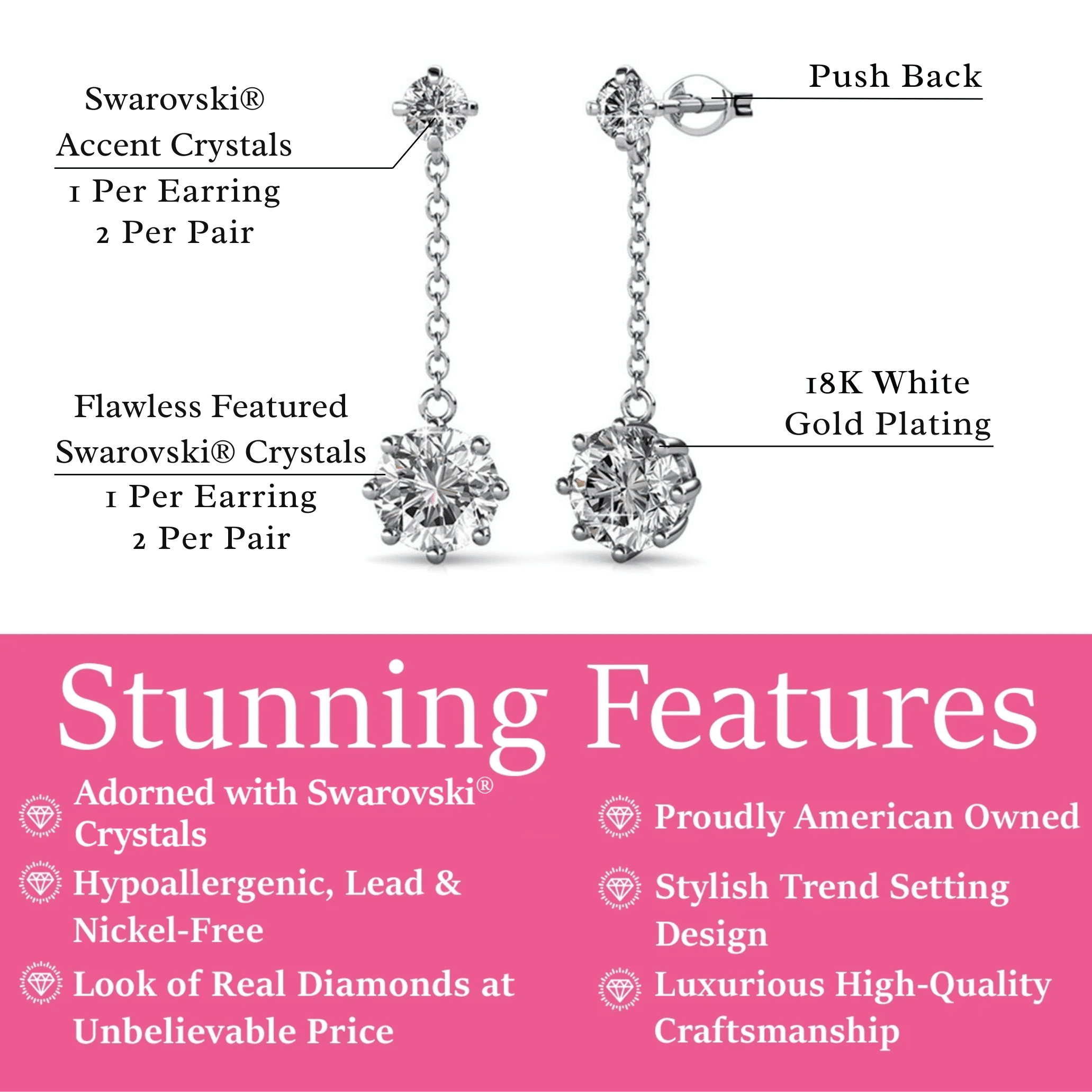 Cate & Chloe Jessie 18k White Gold Plated Drop Earrings with Swarovski Crystals Gift for Women - Image 3