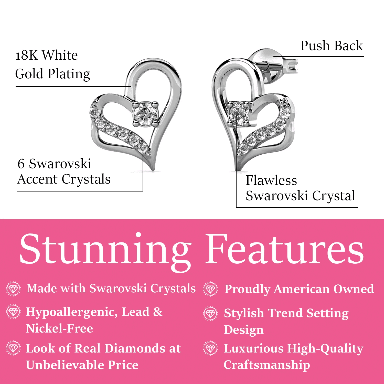 Cate & Chloe Kara 18k White Gold Plated Silver Heart Earrings with Swarovski Crystals Gift for Women - Image 5