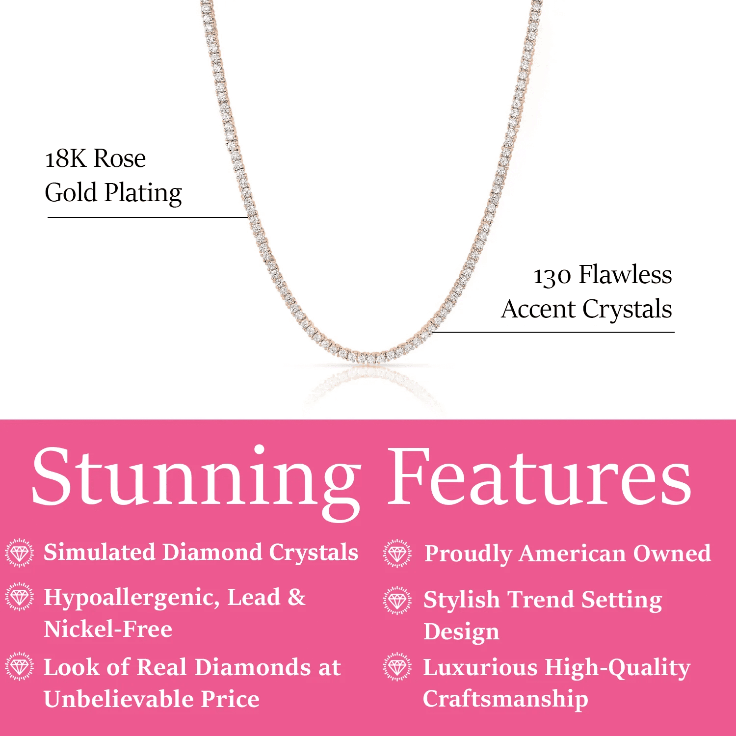Cate & Chloe Kaylee 18k Rose Gold Plated Tennis Necklace with Simulated Crystals Gift for Women - Image 3