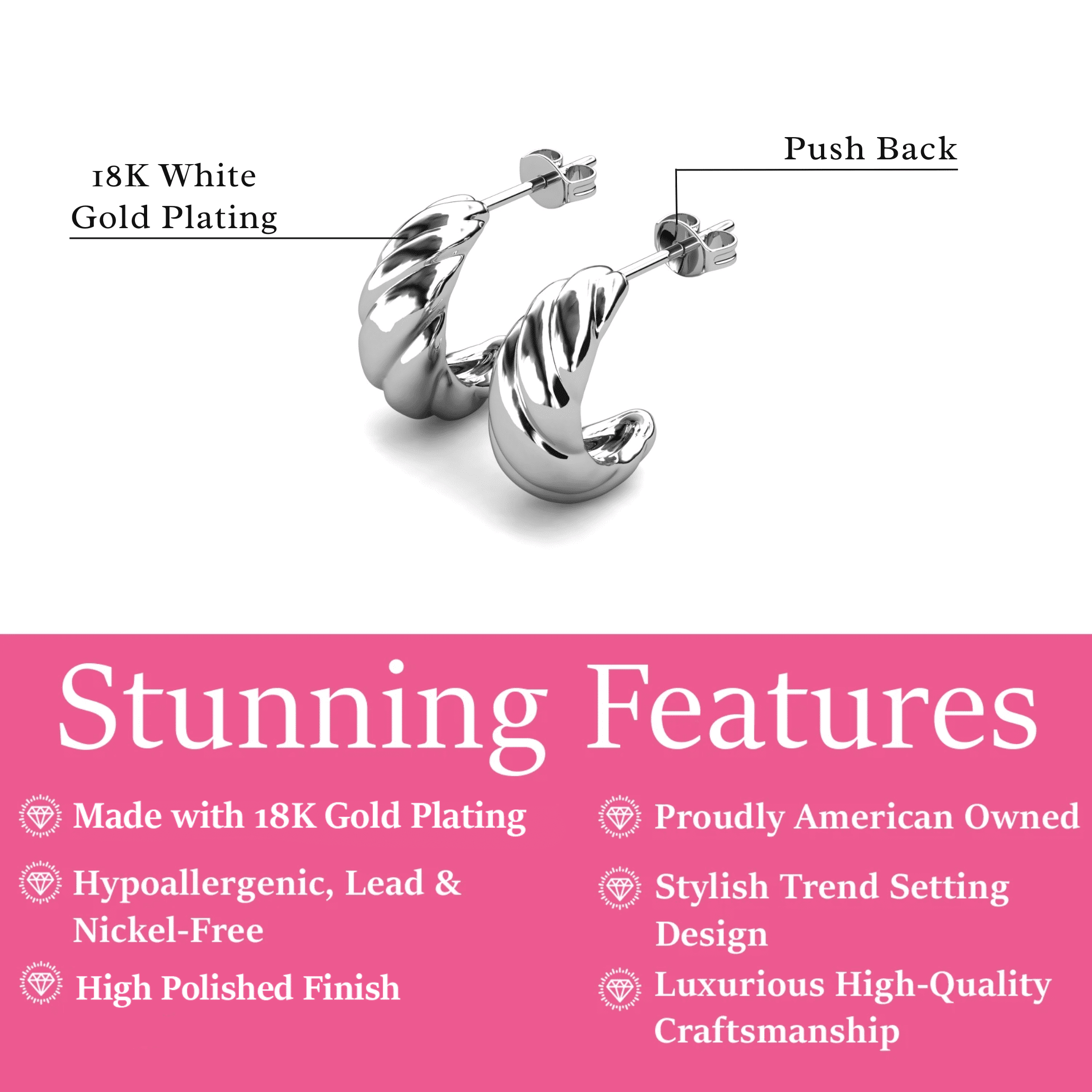 Cate & Chloe Lakelynn 18k White Gold Plated Twisted Hoop Earrings for Women, Gift for her - Image 3