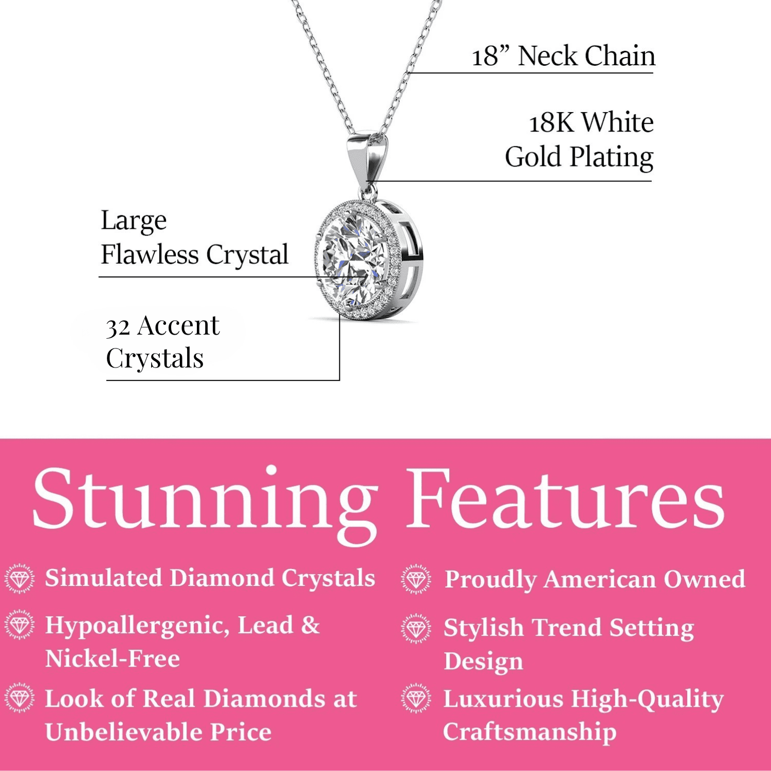 Cate & Chloe Mariah 18k White Gold Plated Halo Pendant Necklace with Simulated Diamonds for Women - Image 2