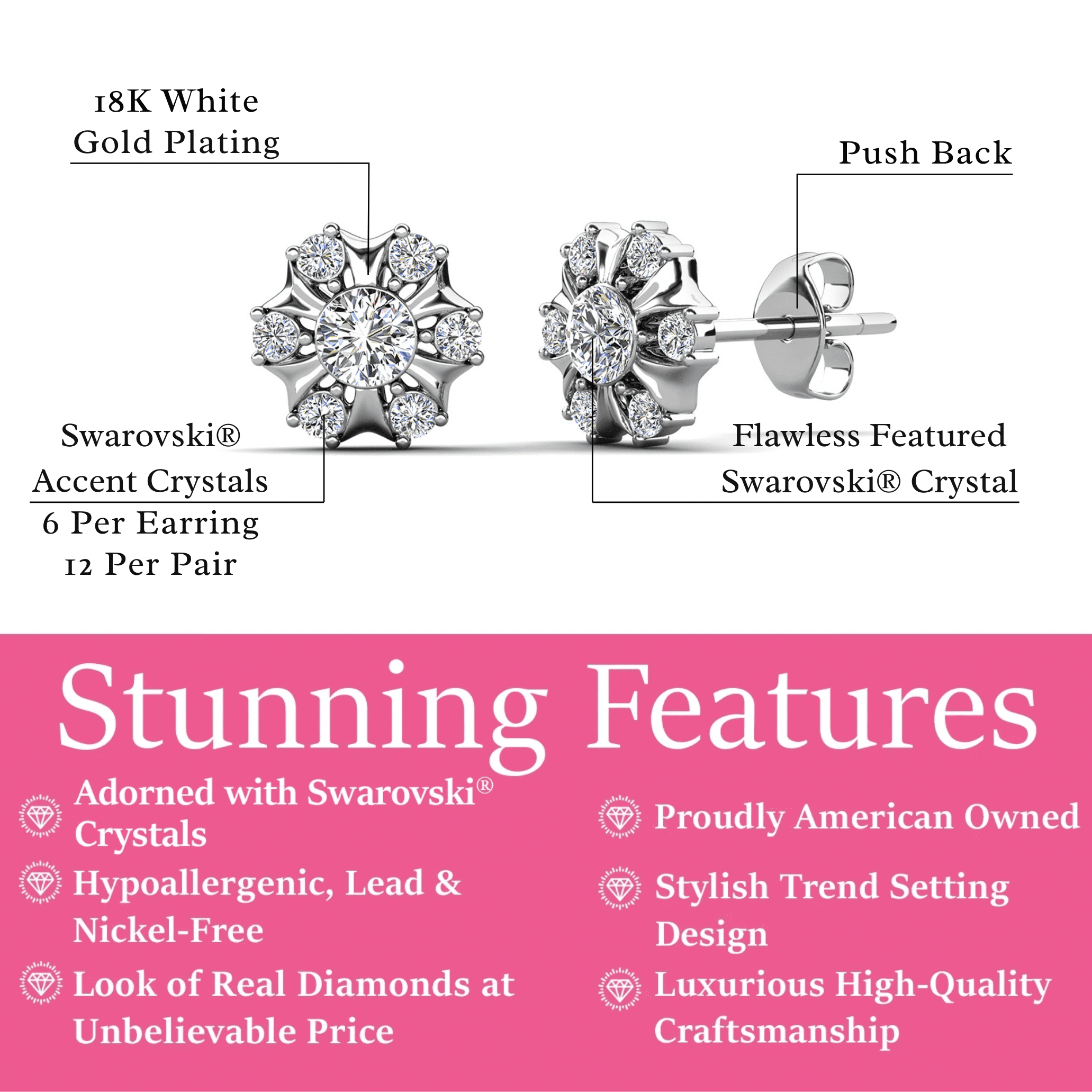 Cate & Chloe Millie 18k White Gold Plated Stud Earrings with Swarovski Crystals Gift for Women - Image 4
