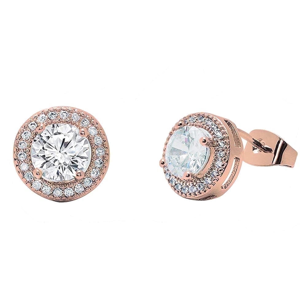 Cate & Chloe Sophia 18k Rose Gold Plated Halo Stud Earrings with Simulated Diamonds Gift for Women