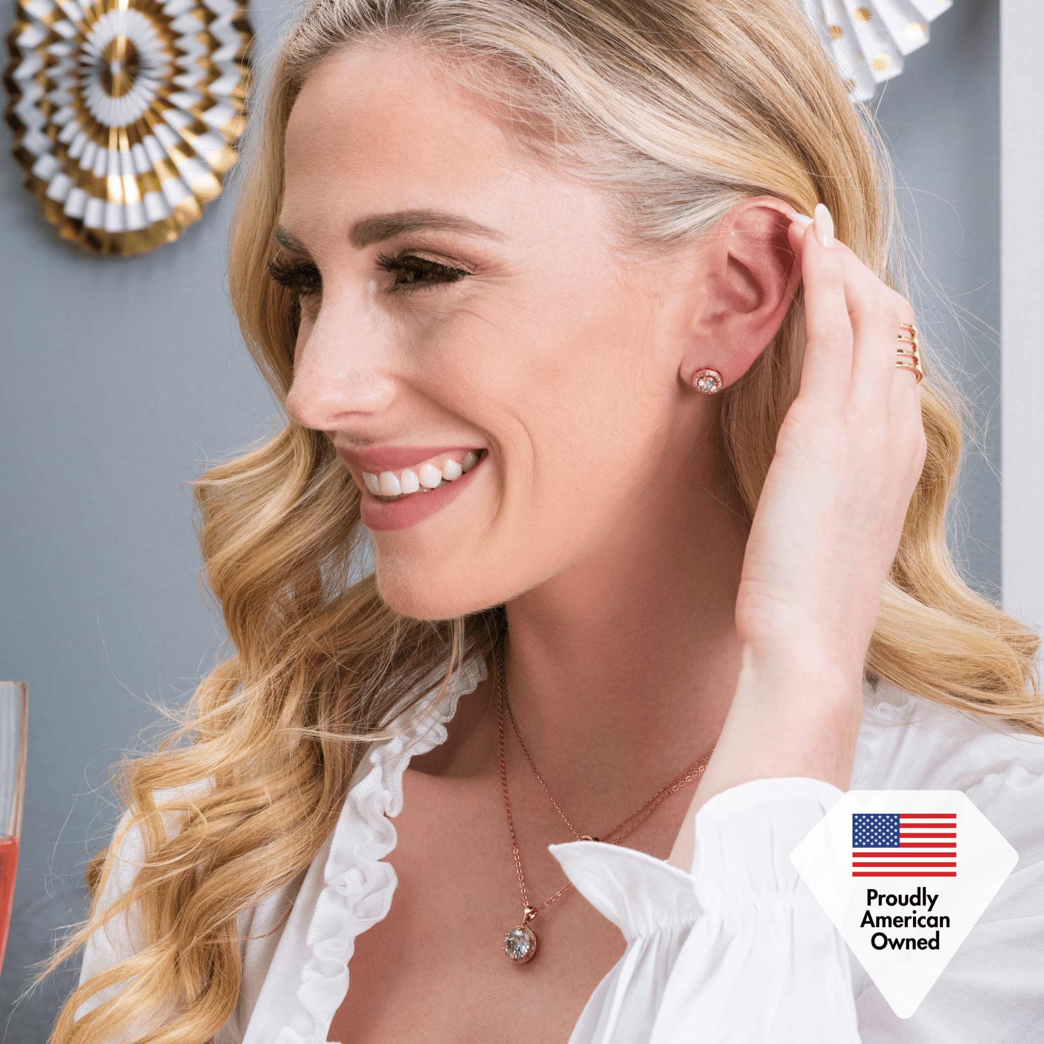 Cate & Chloe Sophia 18k Rose Gold Plated Halo Stud Earrings with Simulated Diamonds Gift for Women - Image 3