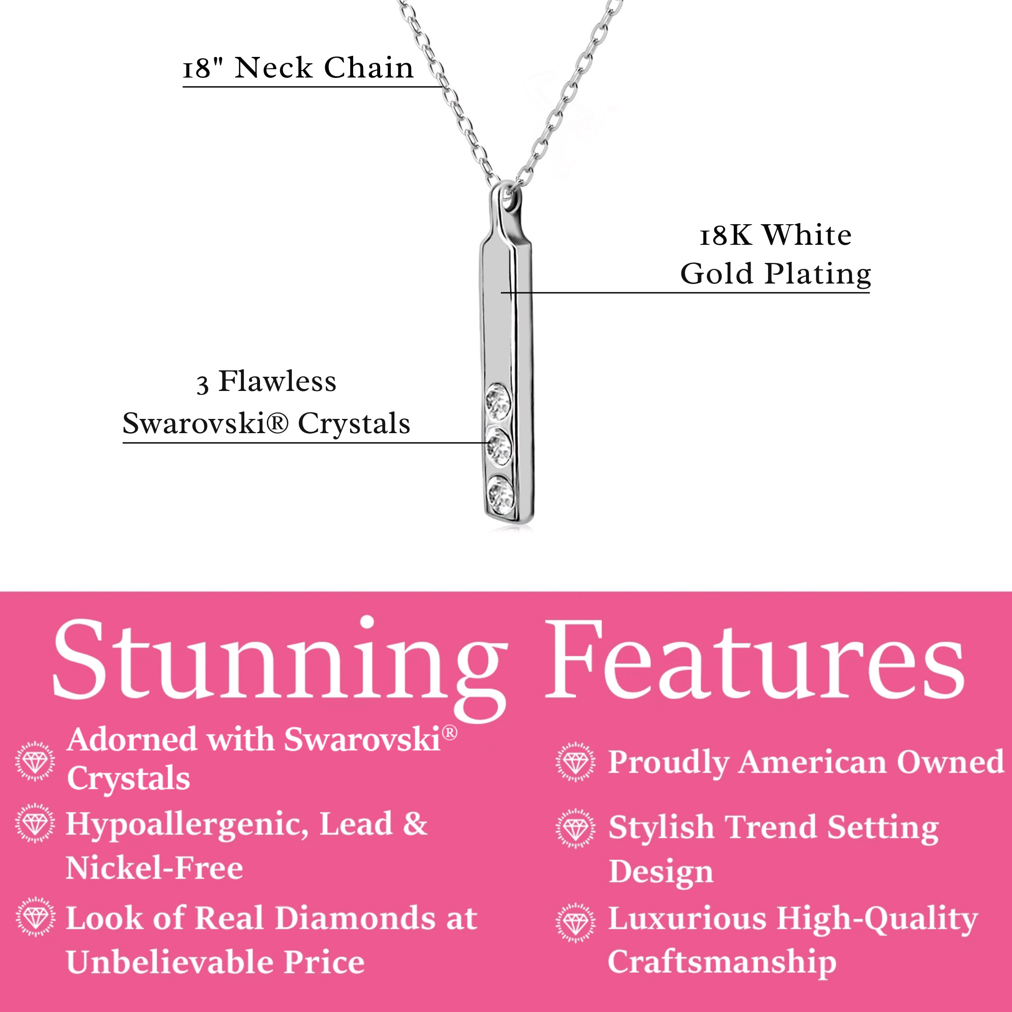 Cate & Chloe Tessa 18k White Gold Plated Bar Necklace with Swarovski Crystals, Gift for Women - Image 4