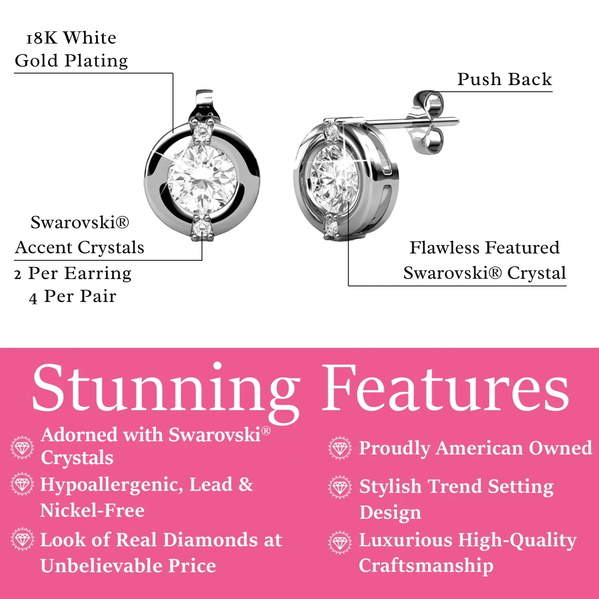 Cate & Chloe Zara 18k White Gold Plated Stud Earrings with Swarovski Crystals Gift for Women - Image 4
