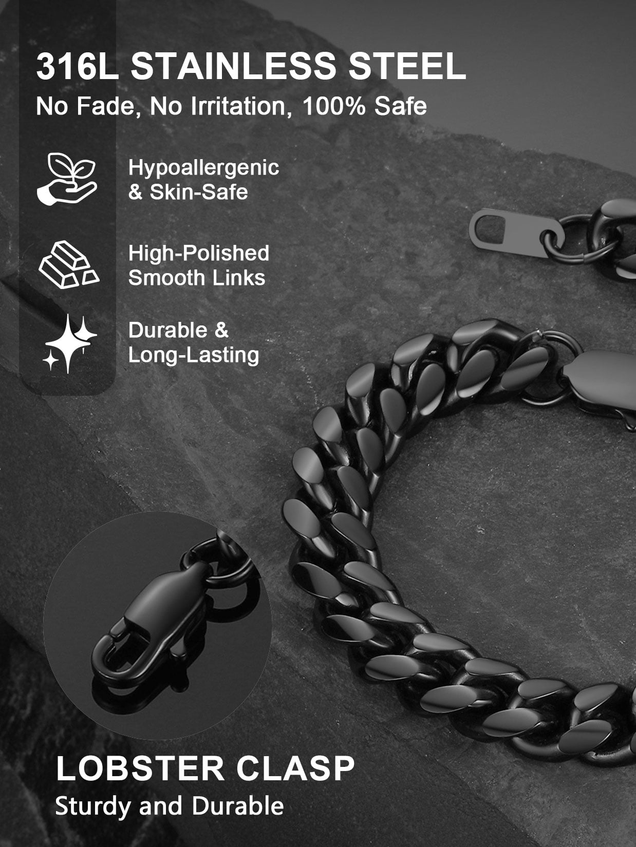 ChainsProMax Stainless Steel Bracelet for Mens Chunky Thick Curb Link Chain 10mm 19cm Black Fathers Day Jewelry Gift for Dad Son - Image 5