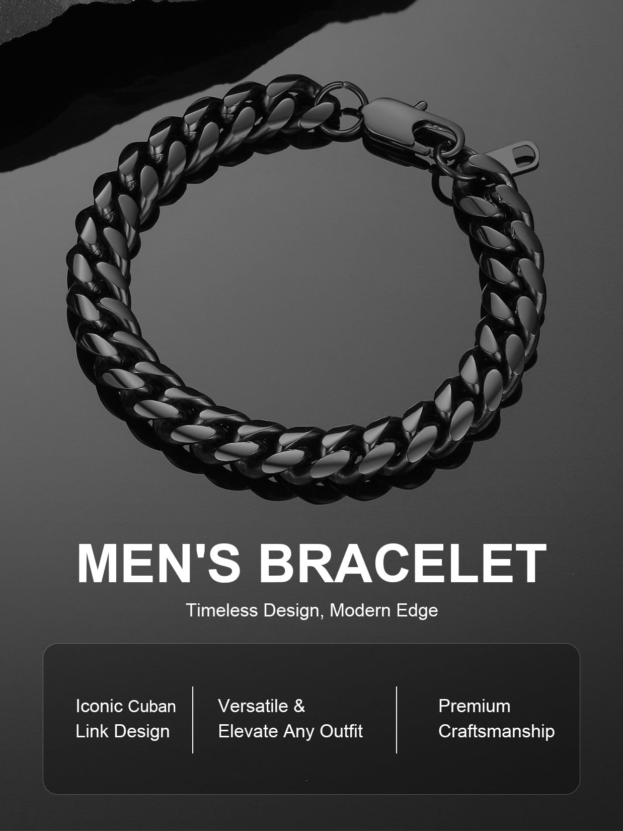 ChainsProMax Stainless Steel Bracelet for Mens Chunky Thick Curb Link Chain 10mm 19cm Black Fathers Day Jewelry Gift for Dad Son - Image 3