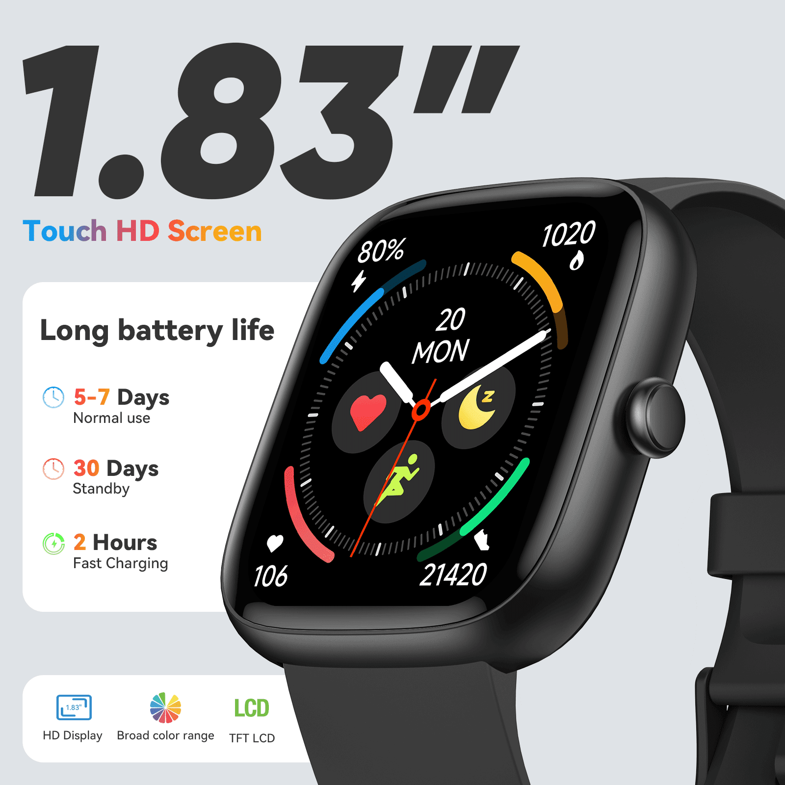 Cillso Mens Smart Watch for Android & iPhone, 1.83" Touchscreen Fitness Watch, 100+ Sports Modes, IP68 Waterproof Smartwatch with Bluetooth Call, Black - Image 3