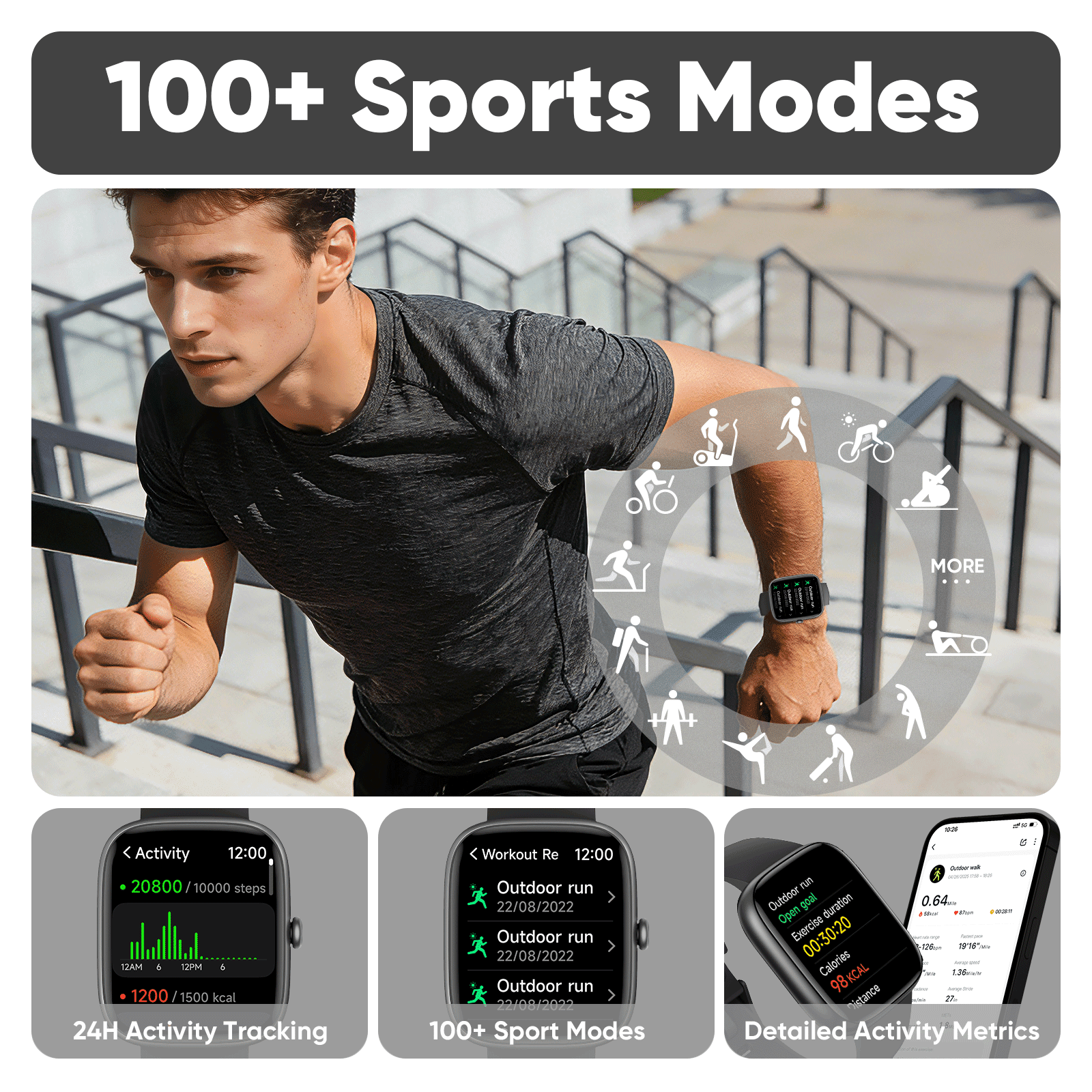 Cillso Mens Smart Watch for Android & iPhone, 1.83" Touchscreen Fitness Watch, 100+ Sports Modes, IP68 Waterproof Smartwatch with Bluetooth Call, Black - Image 5