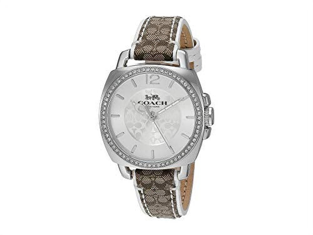 Coach 14503148 Boyfriend Silver Tone Logo Dial Brown/White Logo Design Leather Band Women's Watch