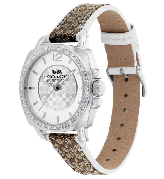 Coach 14503148 Boyfriend Silver Tone Logo Dial Brown/White Logo Design Leather Band Women's Watch - Image 3