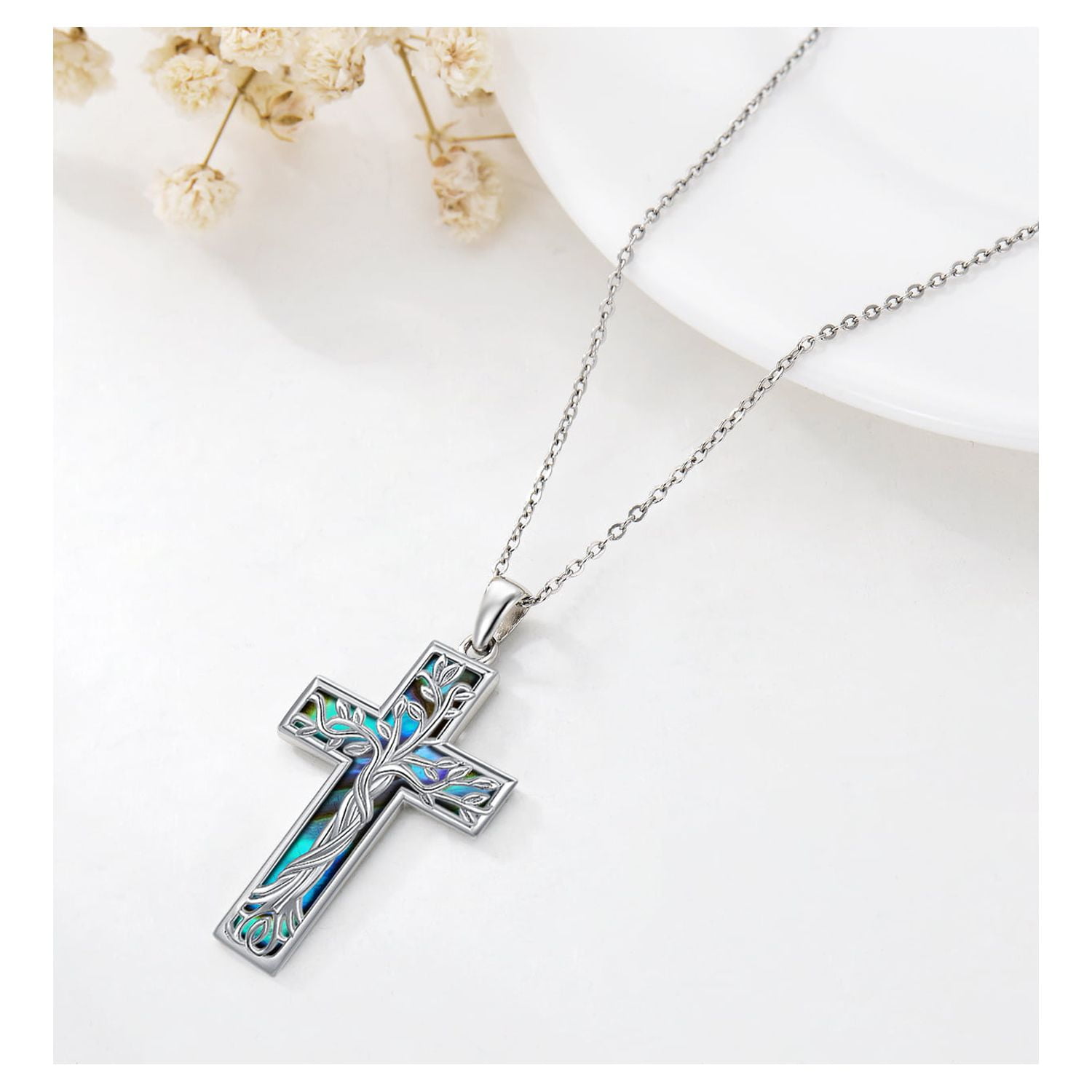 Coachuhhar Cross Necklace 925 Sterling Silver Tree of Life Necklace with Abalone Shell Pendant Necklace Cross Jewelry Gifts for Women Men - Image 2
