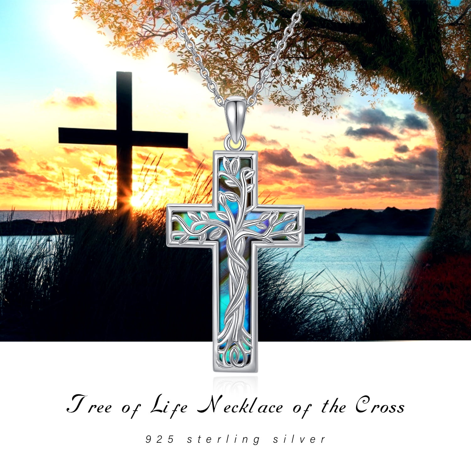Coachuhhar Cross Necklace 925 Sterling Silver Tree of Life Necklace with Abalone Shell Pendant Necklace Cross Jewelry Gifts for Women Men - Image 4