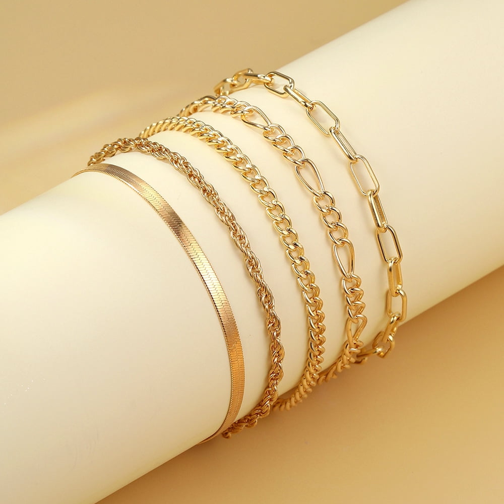 Cterwk Gold Link Bracelet Set for Women Girls, 14K Gold Plated Classic Adjustable Layered Bracelets Jewelry - Image 4