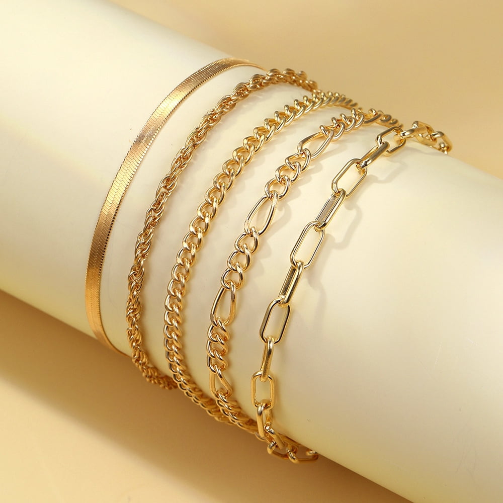 Cterwk Gold Link Bracelet Set for Women Girls, 14K Gold Plated Classic Adjustable Layered Bracelets Jewelry - Image 2