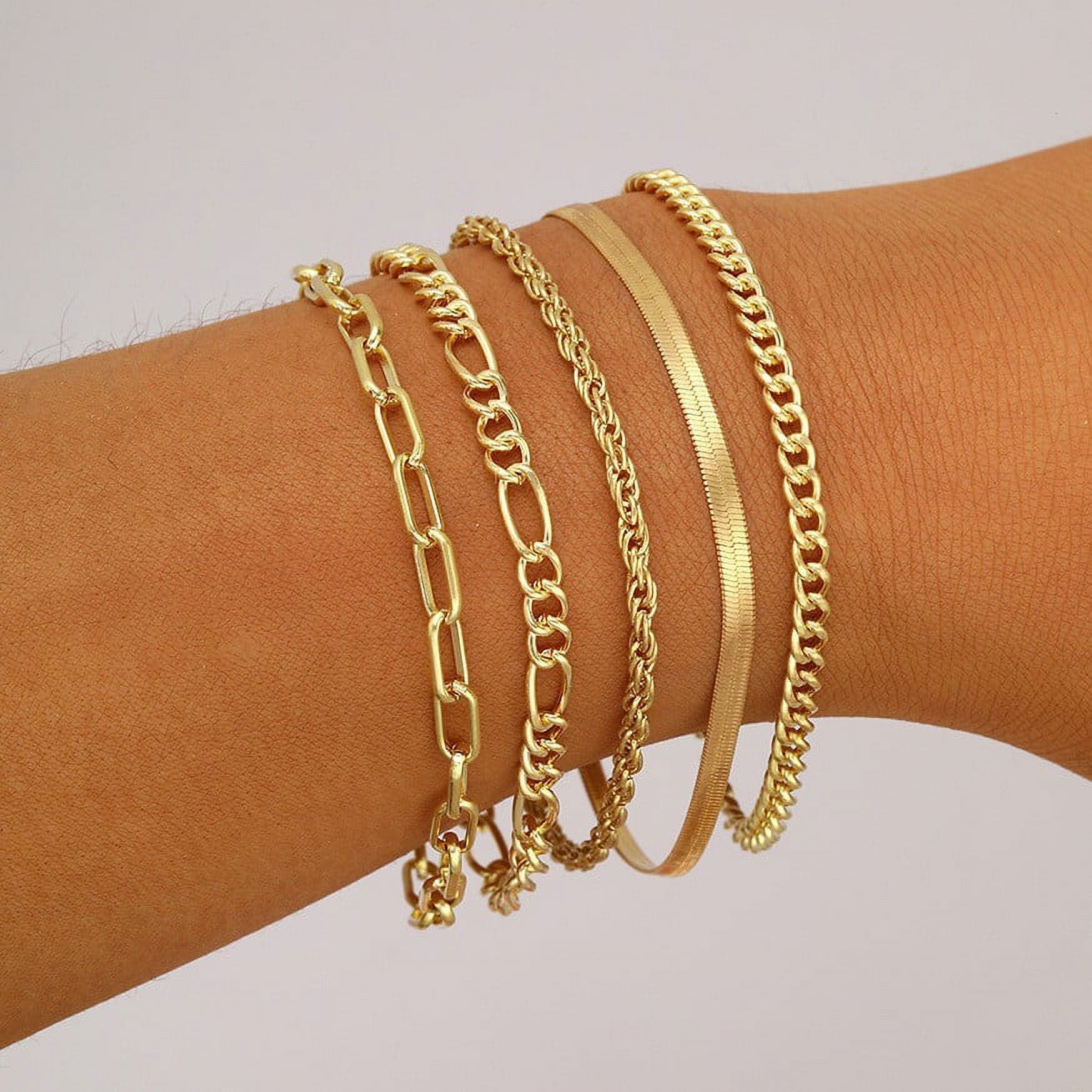 Cterwk Gold Link Bracelet Set for Women Girls, 14K Gold Plated Classic Adjustable Layered Bracelets Jewelry