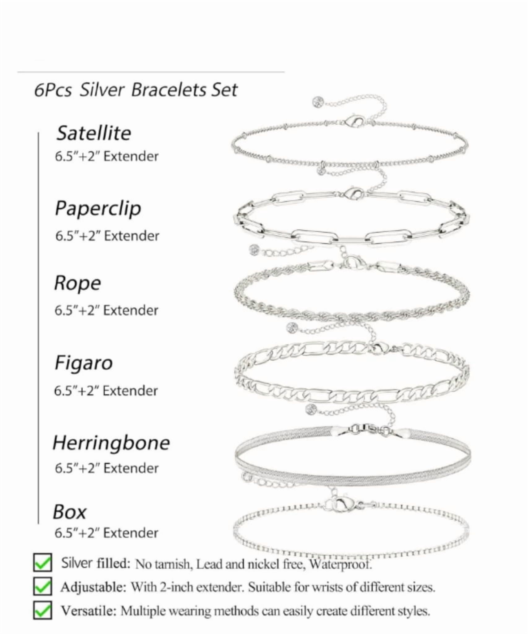 Dainty Silver Bracelets for Women Trendy, 925 Sterling Silver Jewelry Set for Women Bracelets for Women Paperclip Box Herringbone Figaro Rope Chain Bracelet Fashion Pack Gifts for Women Girls - Image 3
