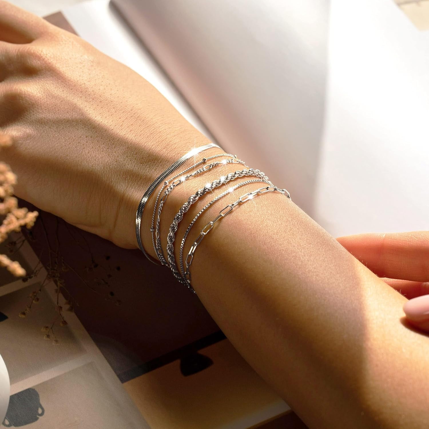 Dainty Silver Bracelets for Women Trendy, 925 Sterling Silver Jewelry Set for Women Bracelets for Women Paperclip Box Herringbone Figaro Rope Chain Bracelet Fashion Pack Gifts for Women Girls - Image 4