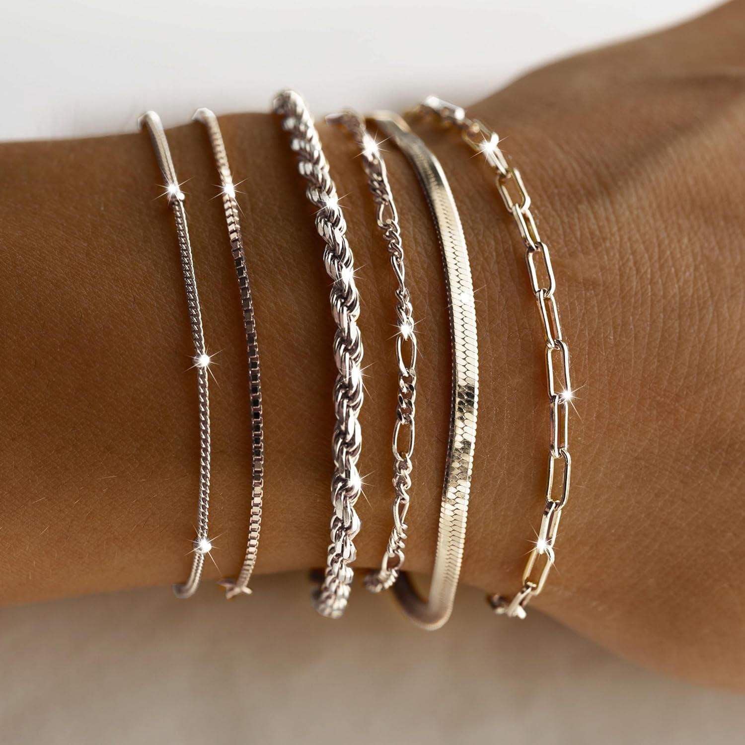 Dainty Silver Bracelets for Women Trendy, 925 Sterling Silver Jewelry Set for Women Bracelets for Women Paperclip Box Herringbone Figaro Rope Chain Bracelet Fashion Pack Gifts for Women Girls - Image 5