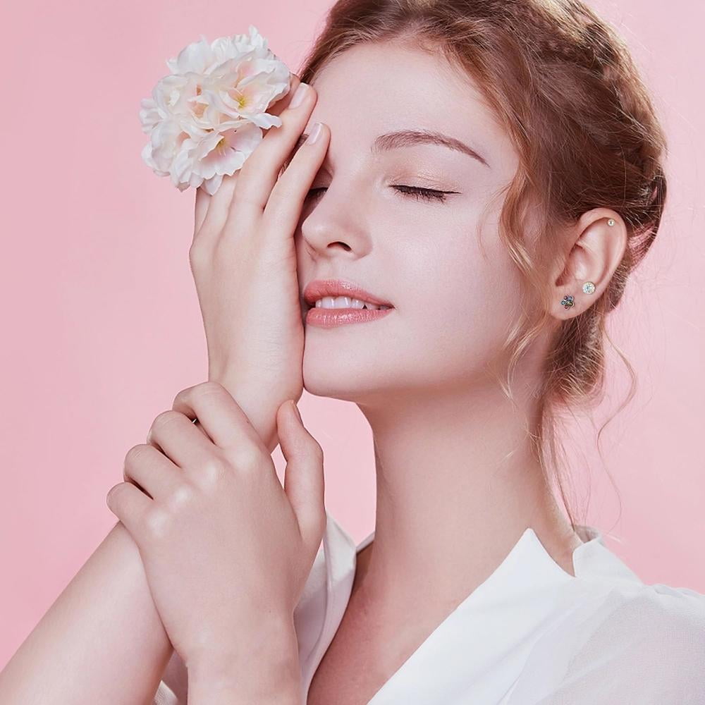 DESIGNICE 12 Pairs Hypoallergenic Screw Back Earrings for Women, 316L Surgical Steel Heart CZ Studs, Secure Tiny Pink Flower Spiral Back Jewelry Set - Image 3