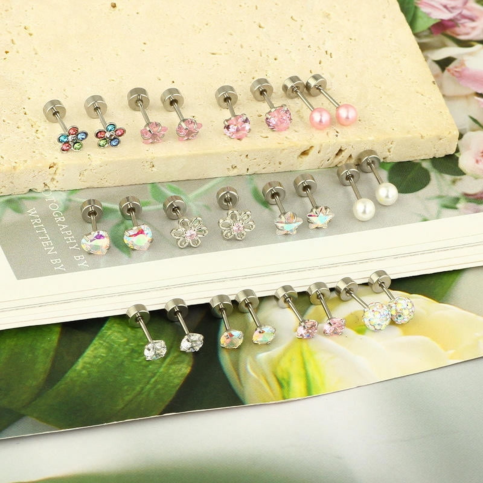 DESIGNICE 12 Pairs Hypoallergenic Screw Back Earrings for Women, 316L Surgical Steel Heart CZ Studs, Secure Tiny Pink Flower Spiral Back Jewelry Set - Image 4