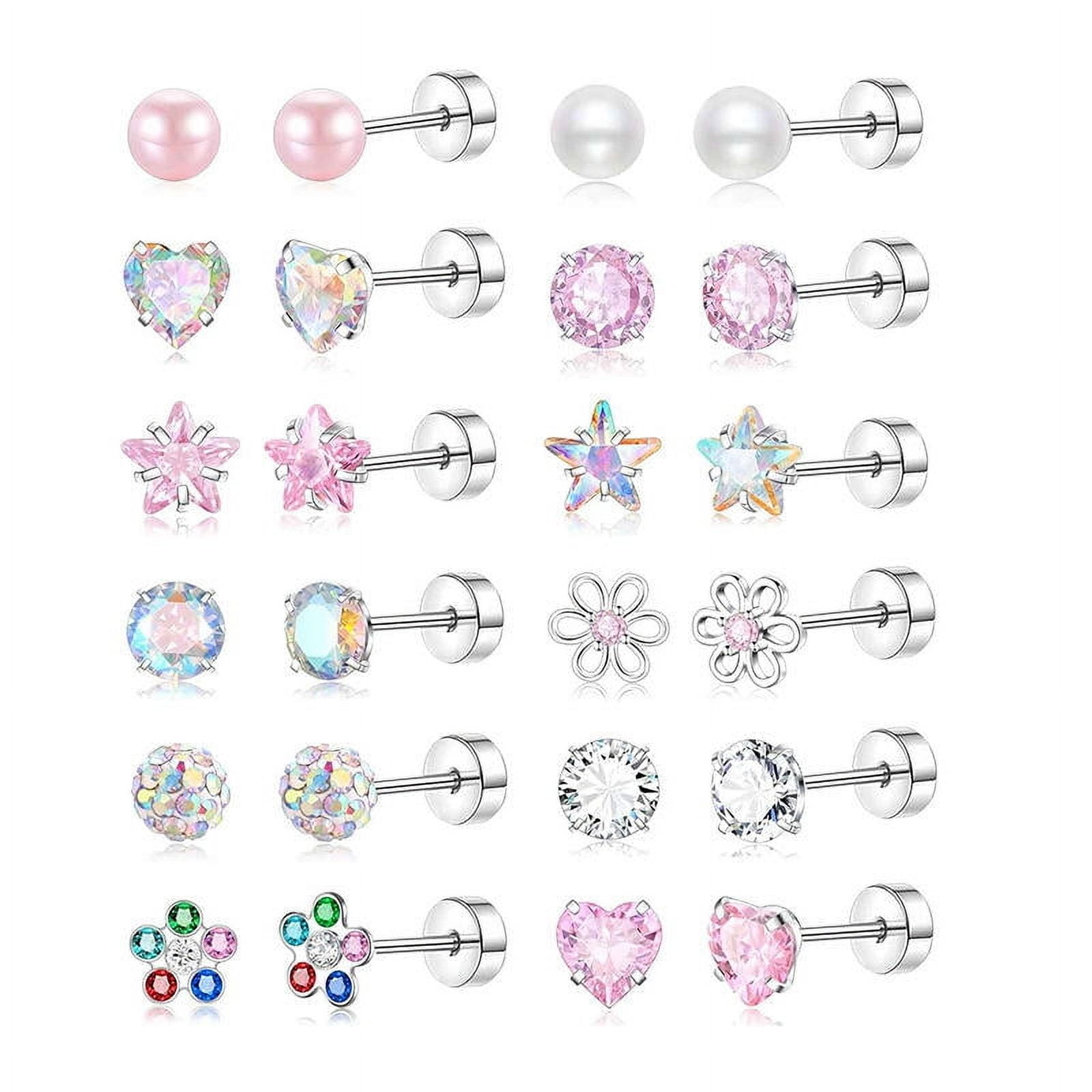 DESIGNICE 12 Pairs Hypoallergenic Screw Back Earrings for Women, 316L Surgical Steel Heart CZ Studs, Secure Tiny Pink Flower Spiral Back Jewelry Set - Image 2