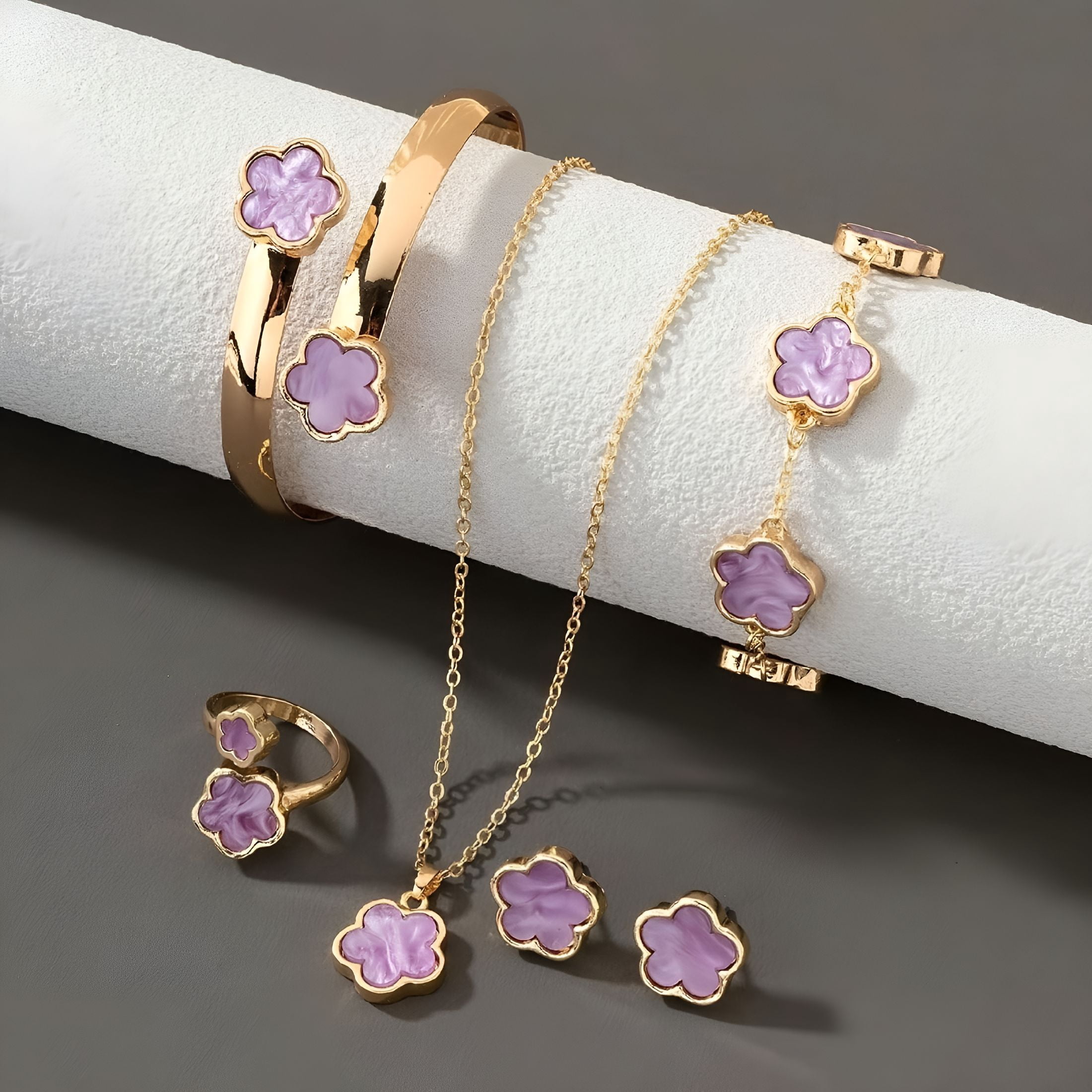 DESIGNICE 5Pcs/Set Women Jewelry Set Lucky Flower Decor Sparkling Rhinestones Necklace Bracelet Bangle Earrings Ring Set Fashion Jewelry - Image 3