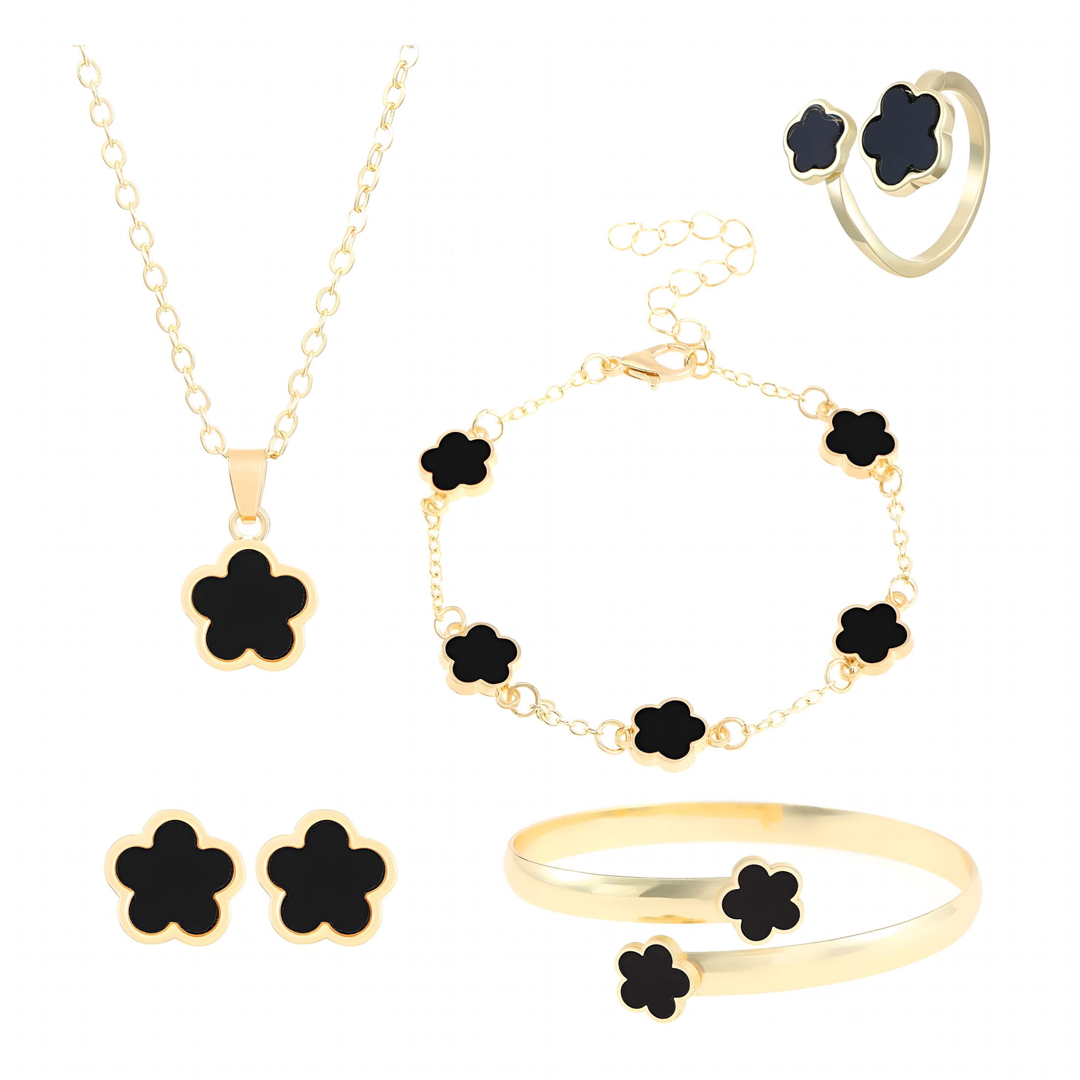 DESIGNICE 5Pcs/Set Women Jewelry Set Lucky Flower Decor Sparkling Rhinestones Necklace Bracelet Bangle Earrings Ring Set Fashion Jewelry - Image 2