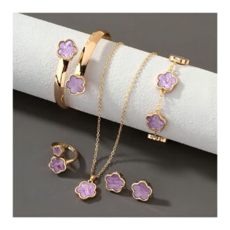 DESIGNICE 5Pcs/Set Women Jewelry Set Lucky Flower Decor Sparkling Rhinestones Necklace Bracelet Bangle Earrings Ring Set Fashion Jewelry