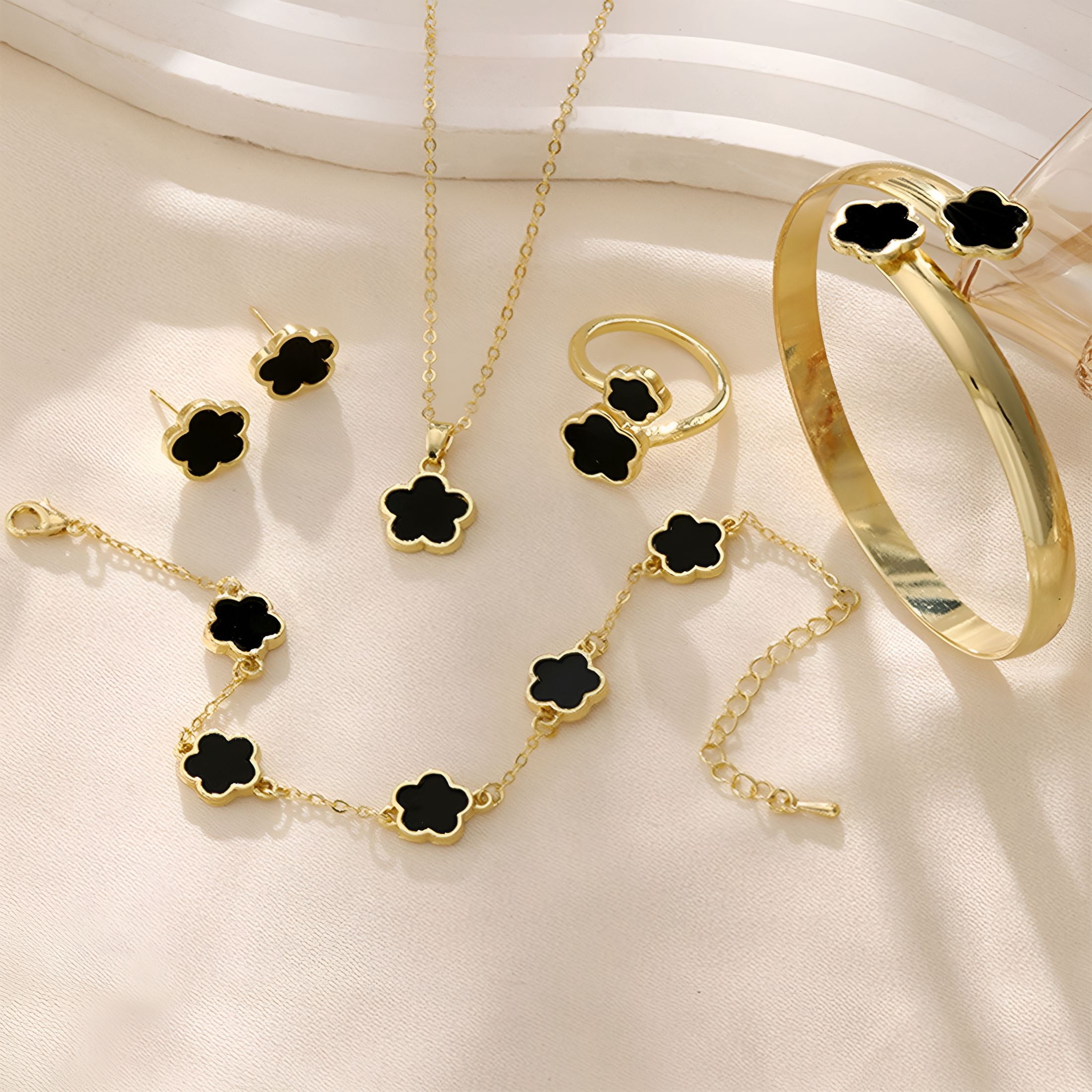 DESIGNICE 5Pcs/Set Women Jewelry Set Lucky Flower Decor Sparkling Rhinestones Necklace Bracelet Bangle Earrings Ring Set Fashion Jewelry - Image 5