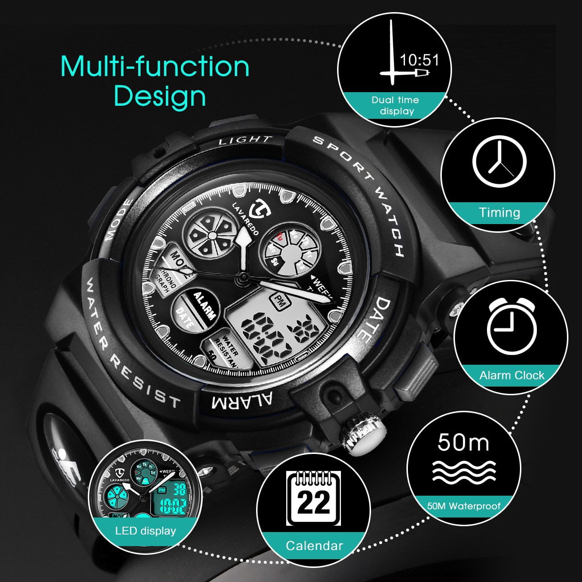 Digital Watch for Age 5-12, Waterproof Outdoor Sport Watches Analog Wrist Watches with Alarm Stopwatch for Age 5-12 Christmas Birthday Gift - Image 4