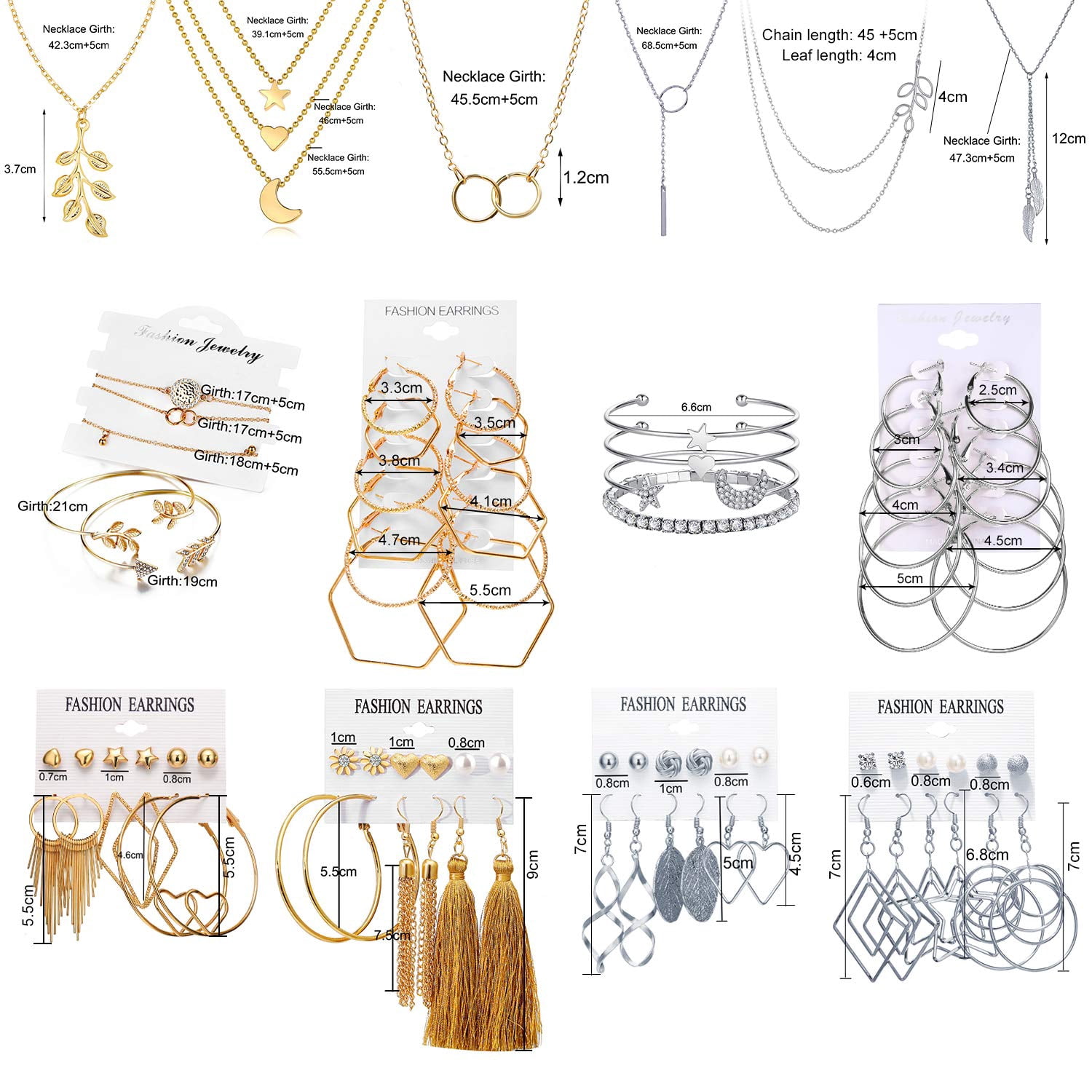 DIY.STORE 51 PCS Gold Silver Jewelry Set with 6 PCS Necklace,9 PCS Bracelet,36 PCS Layered Ball Dangle Hoop Stud Earrings for Women Jewelry Fashion and Valentine Birthday Party Gift - Image 4