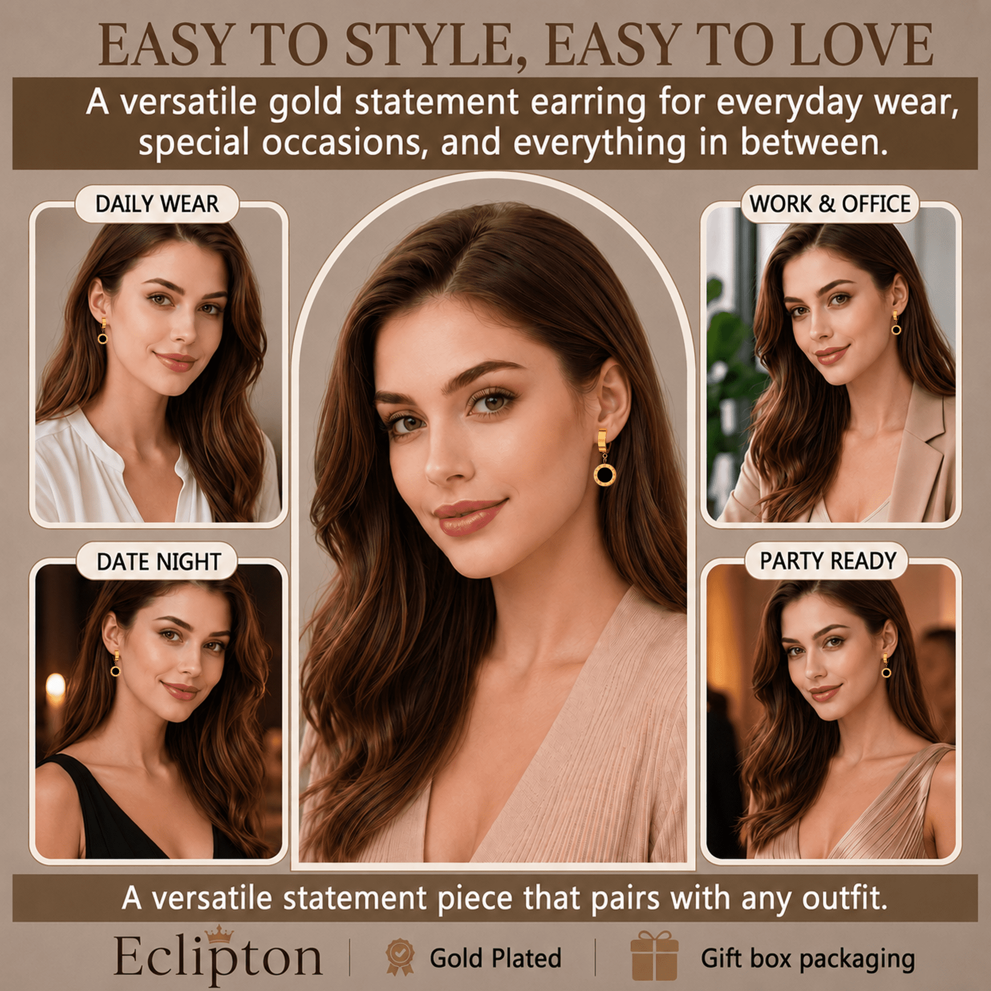 Eclipton® Trendy Gold Dangle Earrings for Women, 14K Gold Plated, Lightweight Hypoallergenic Jewelry, Fashion Accessories, Gifts for Women - Image 2