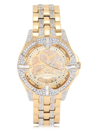 Elgin Adult Men's Gold Blinged Out Round Case Watch with Matching Bracelet and Faux Skeleton Dial. (FG180032)