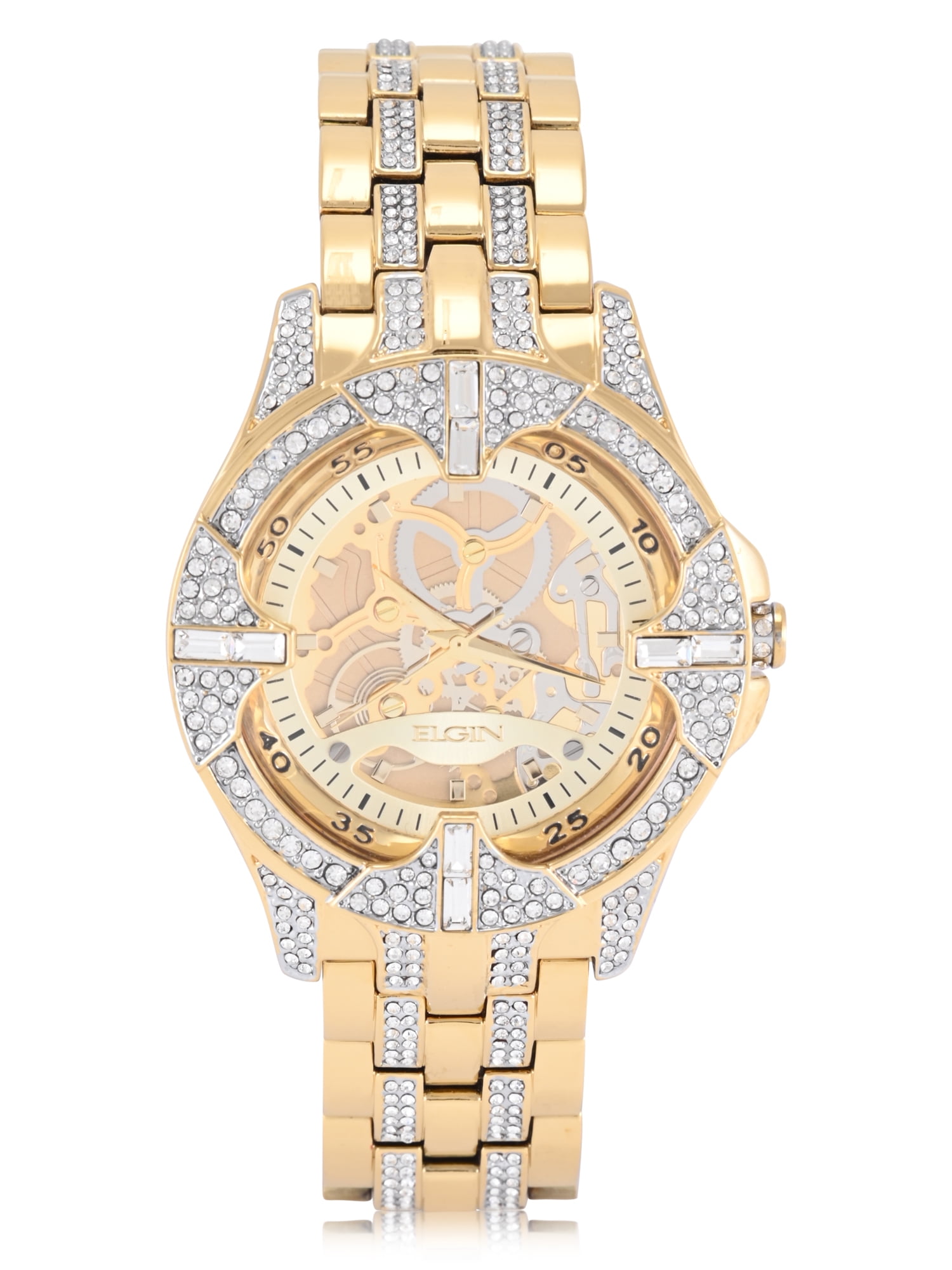 Elgin Adult Men's Gold Blinged Out Round Case Watch with Matching Bracelet and Faux Skeleton Dial. (FG180032)