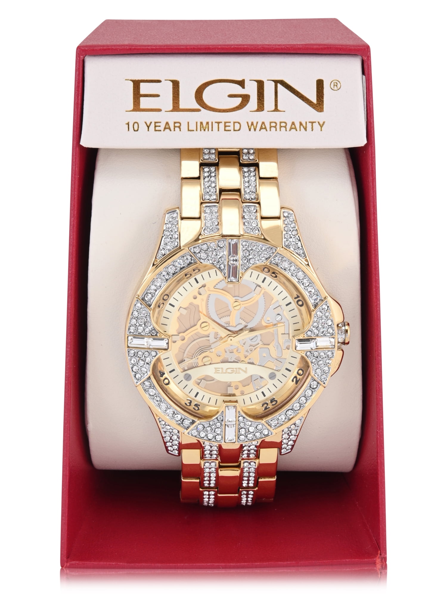 Elgin Adult Men's Gold Blinged Out Round Case Watch with Matching Bracelet and Faux Skeleton Dial. (FG180032) - Image 3
