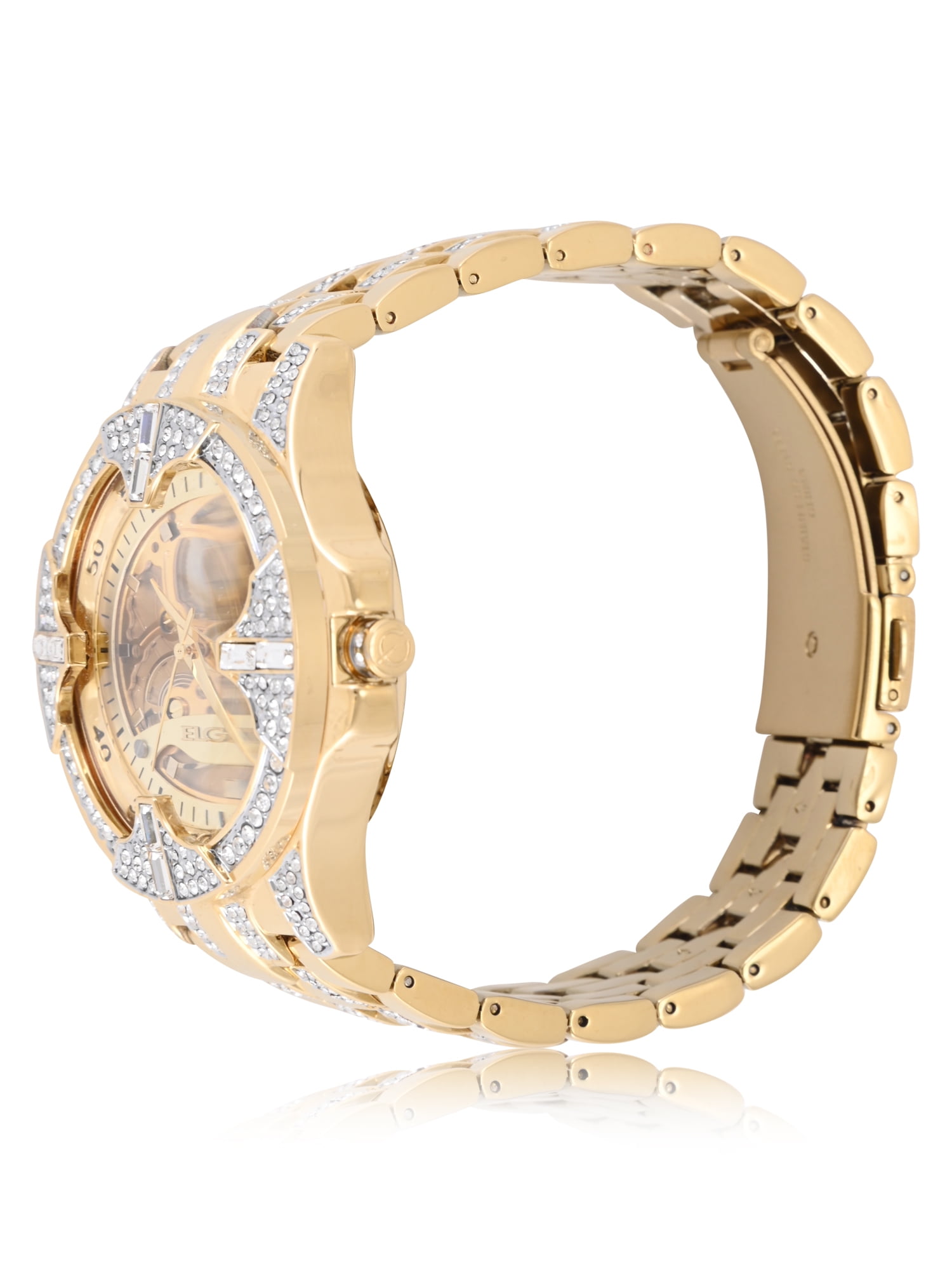 Elgin Adult Men's Gold Blinged Out Round Case Watch with Matching Bracelet and Faux Skeleton Dial. (FG180032) - Image 4