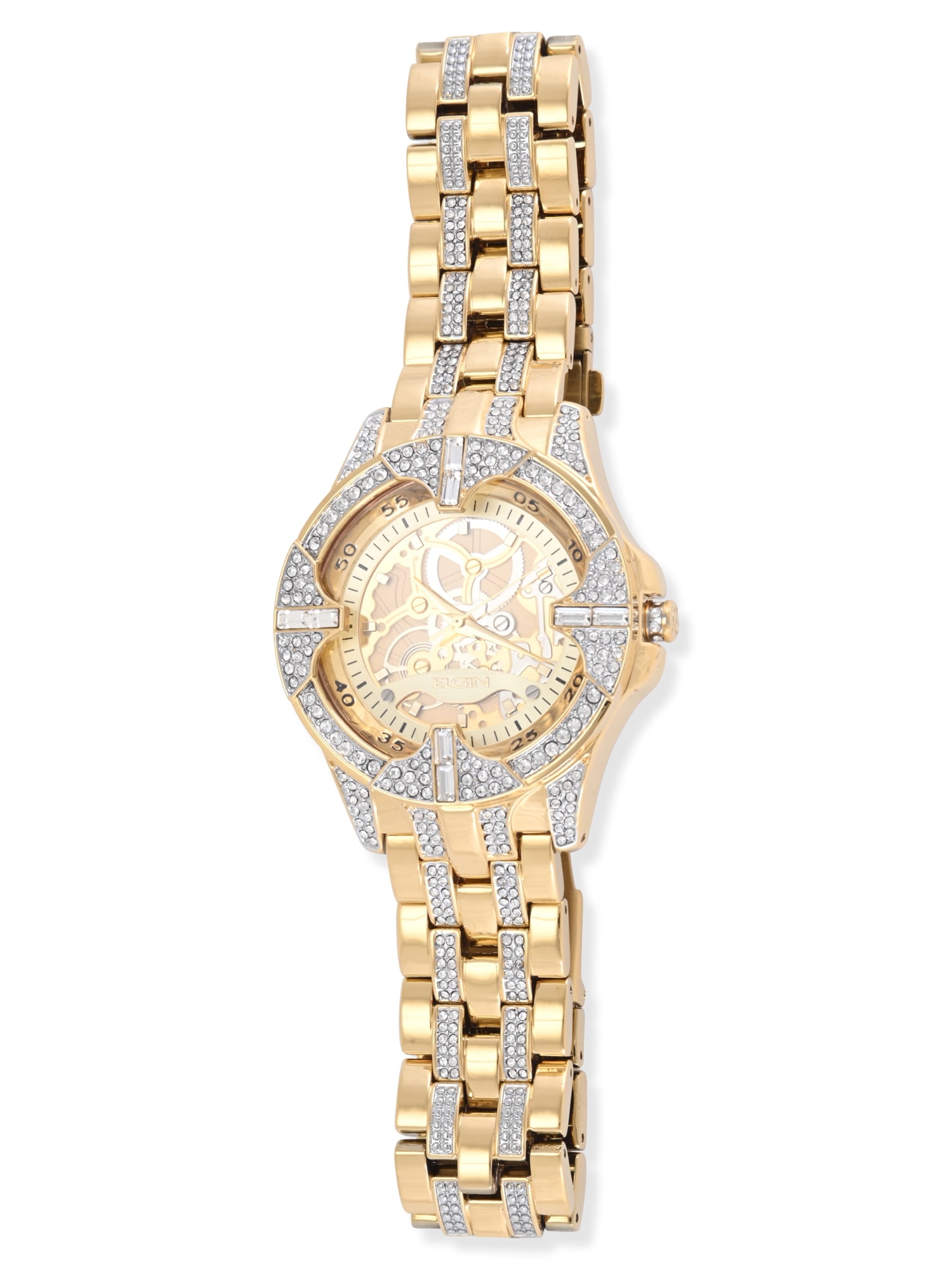 Elgin Adult Men's Gold Blinged Out Round Case Watch with Matching Bracelet and Faux Skeleton Dial. (FG180032) - Image 5